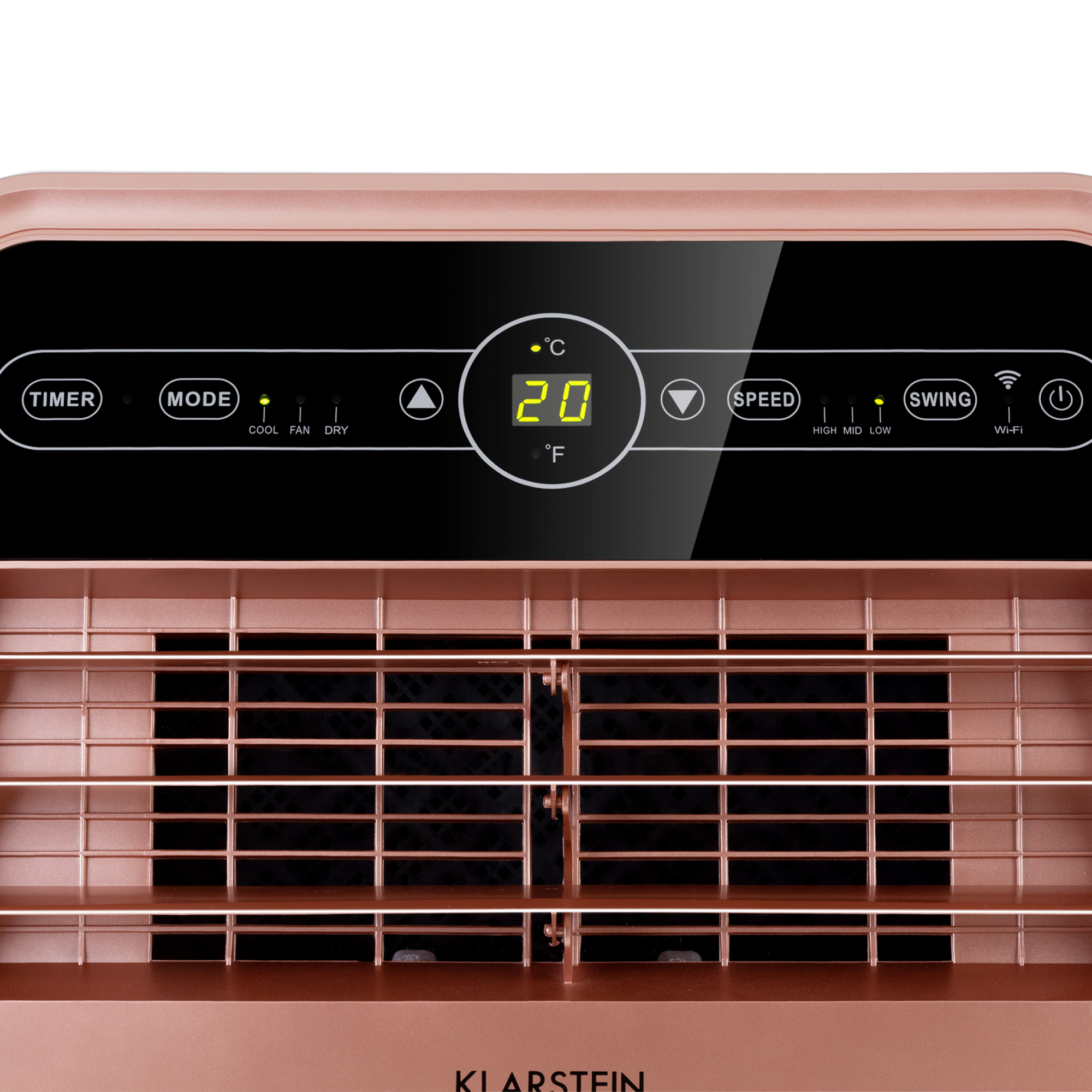 Roségoldener Luftkühler mit Digitalanzeige, die 20 Grad anzeigt. Funktionen umfassen Timer, Modus, Geschwindigkeit, Swing und Wi-Fi.