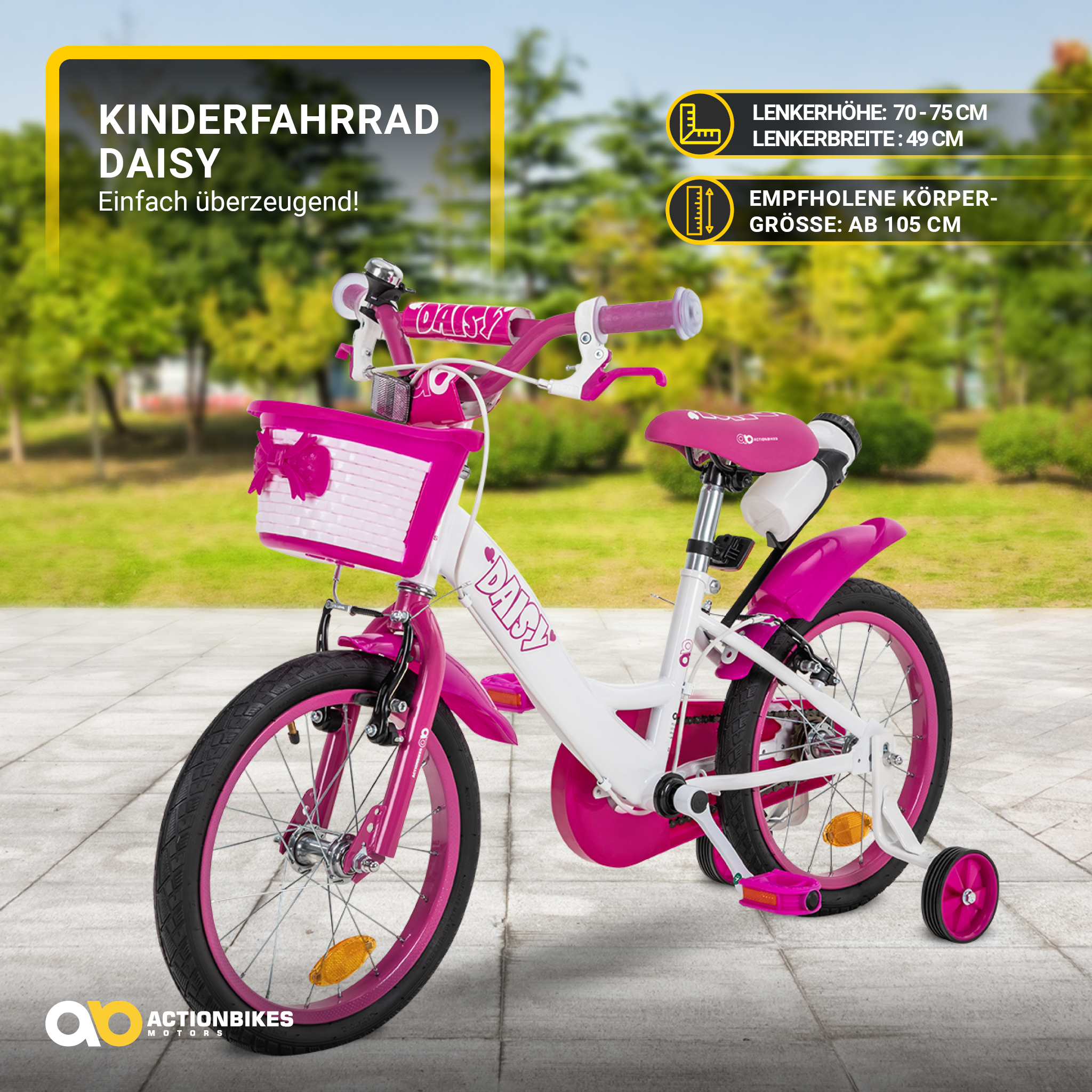 Ein pink-weißes Kinderfahrrad mit Korb und Stützrädern. Text auf Deutsch und Englisch. Auf einem Ziegelweg.