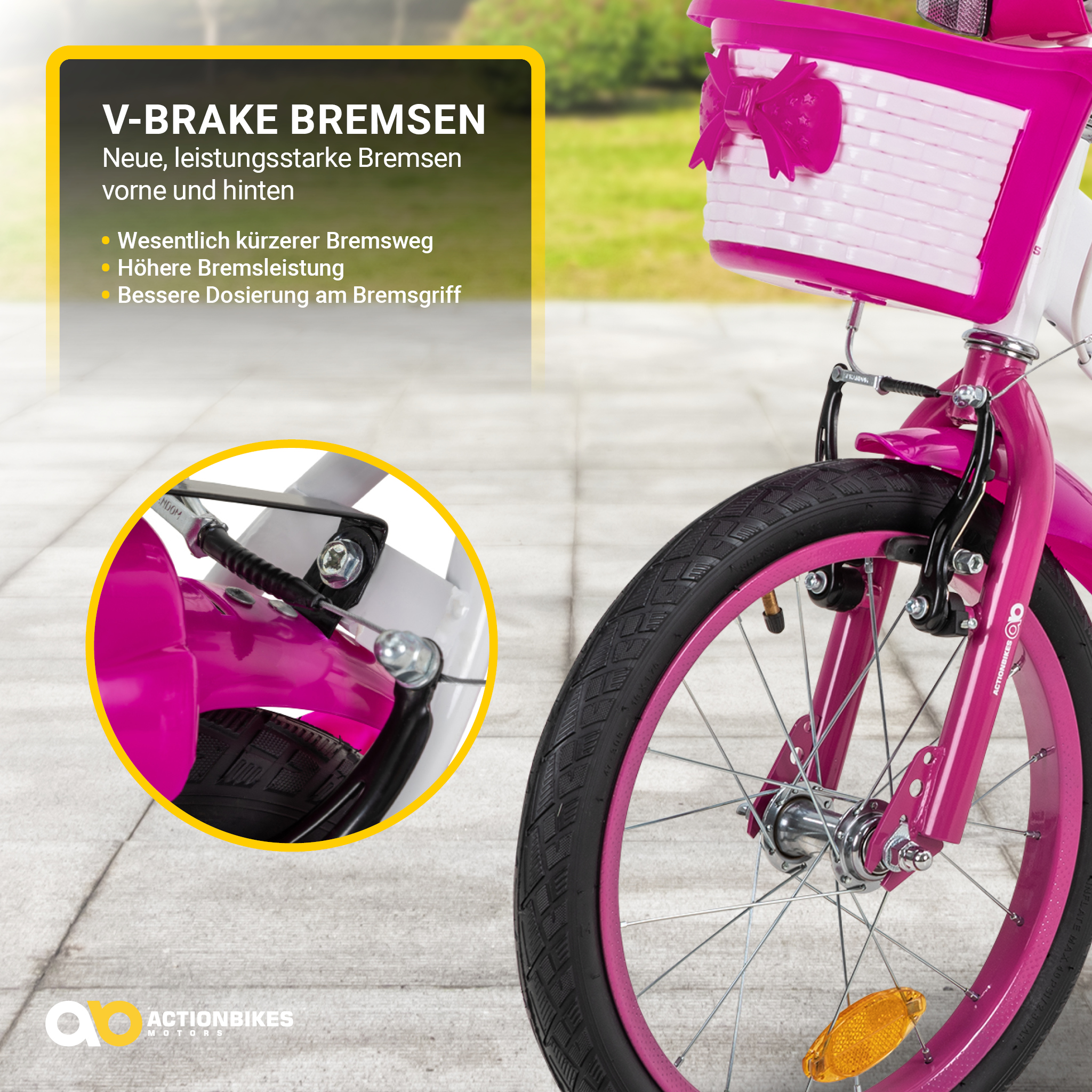 Nahaufnahme des Vorderrads eines rosa-weißen Kinderfahrrads, zeigt die Bremse.