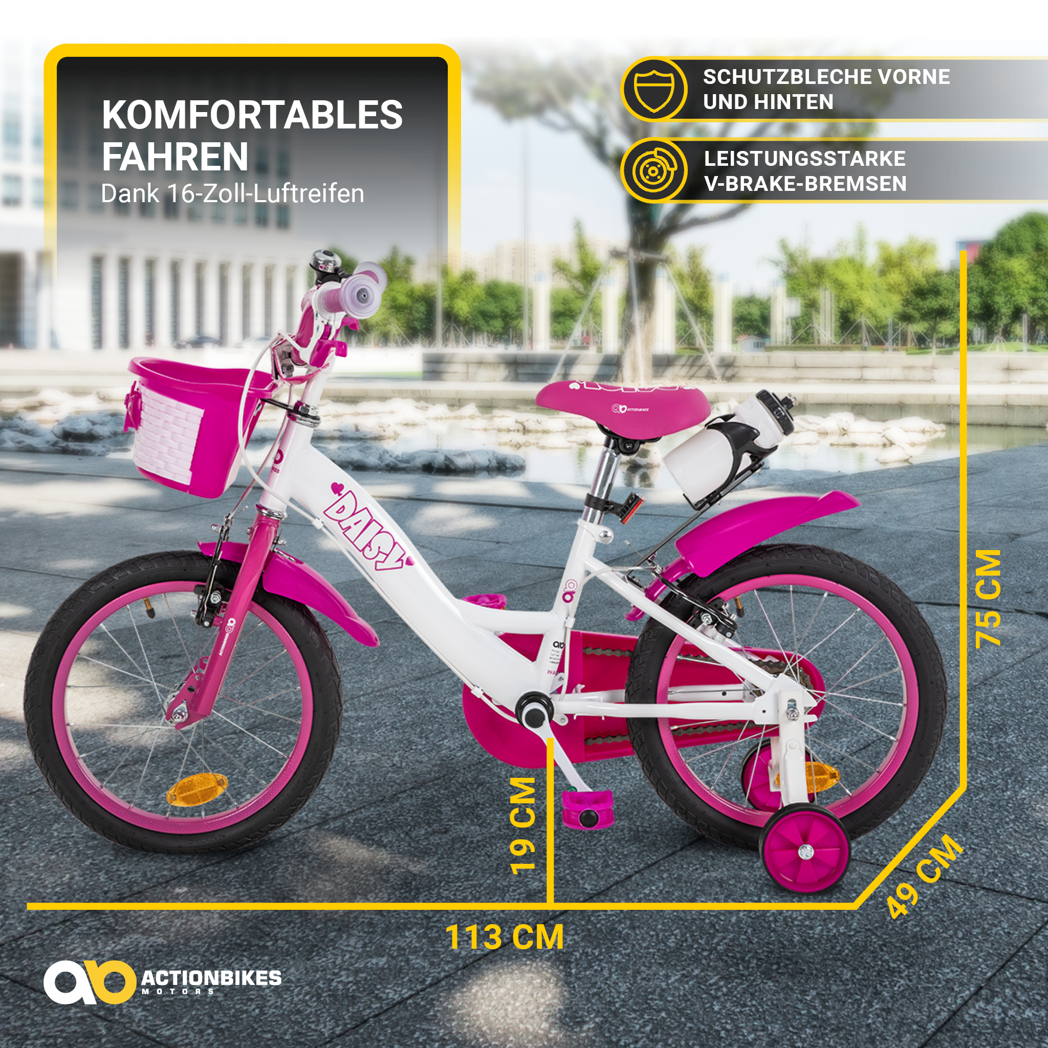 Rosa-weißes Kinderfahrrad mit Abmessungen. Das Fahrrad hat Stützräder.