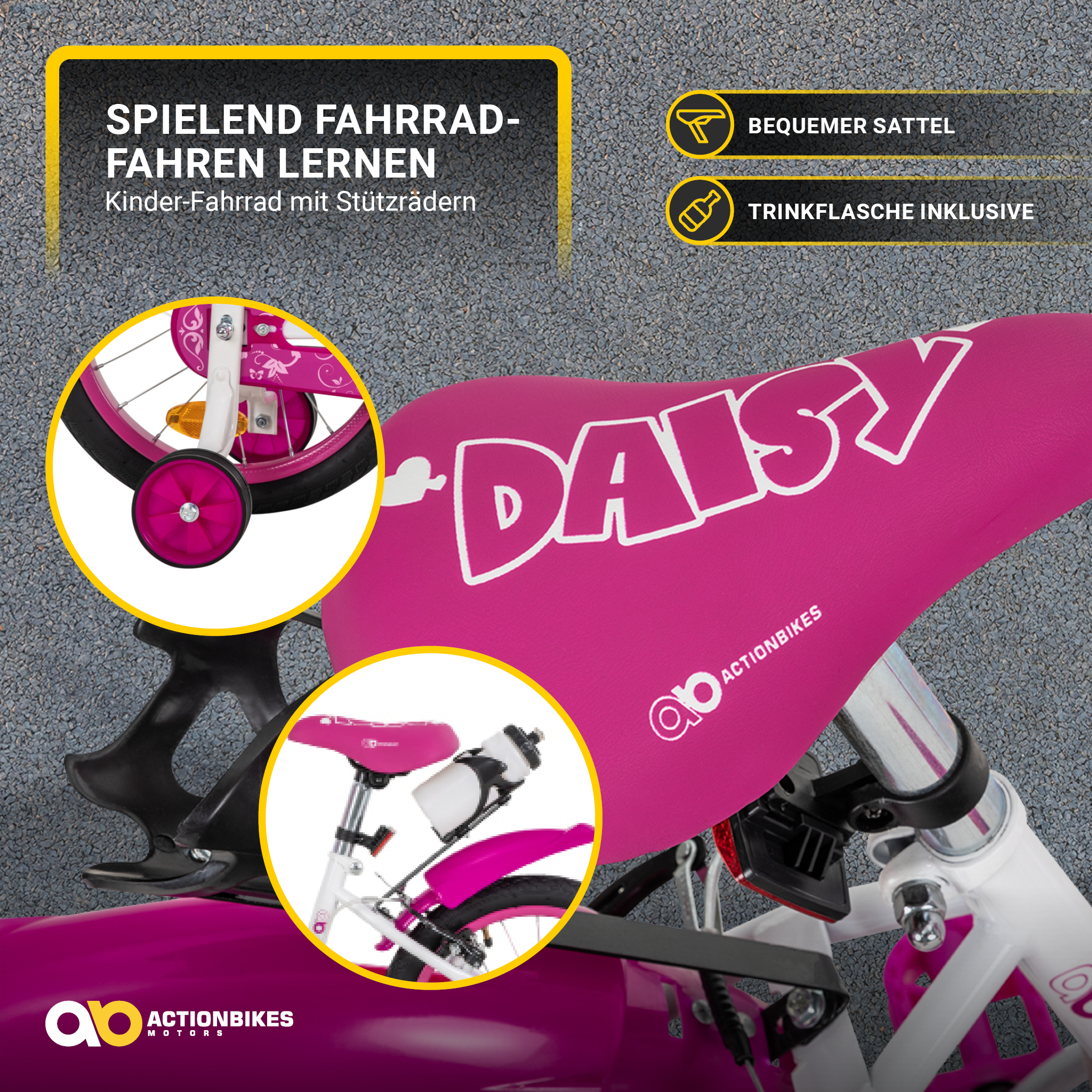 Nahaufnahme eines rosa Fahrradsitzes mit 'Daisy' und einem Rad mit Stützrädern.