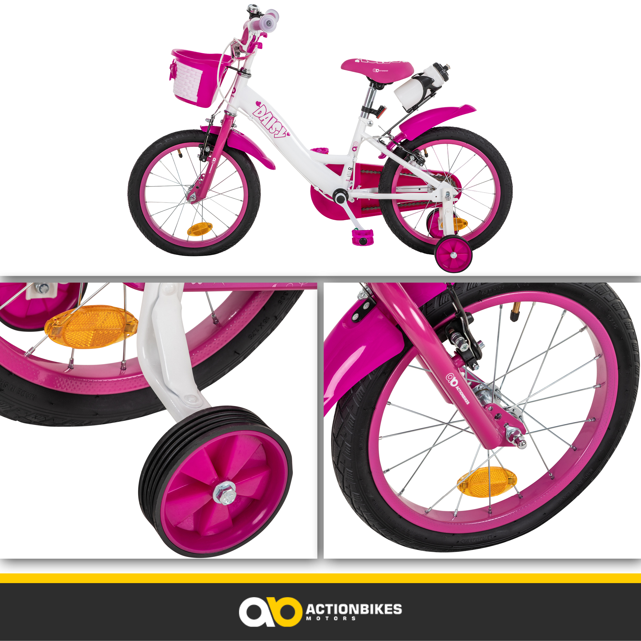 Verschiedene Ansichten eines rosa-weißen Kinderfahrrads mit Stützrädern. Details hervorgehoben.