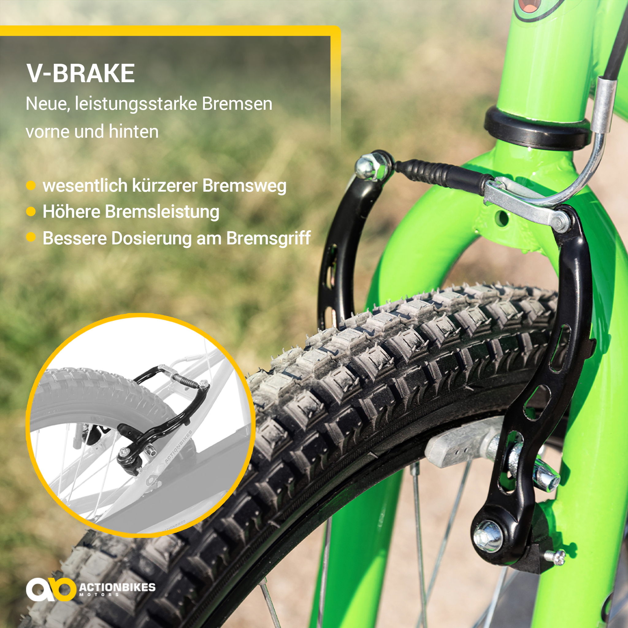 Nahaufnahme der V-Bremse eines grünen Fahrrads, zeigt das Reifenprofil.