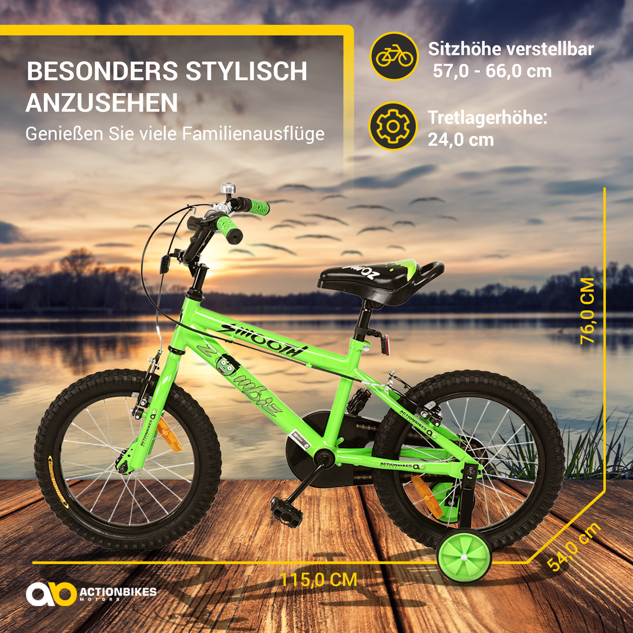 Grünes Kinderfahrrad mit Abmessungen. Das Fahrrad hat Stützräder und steht auf Holz.