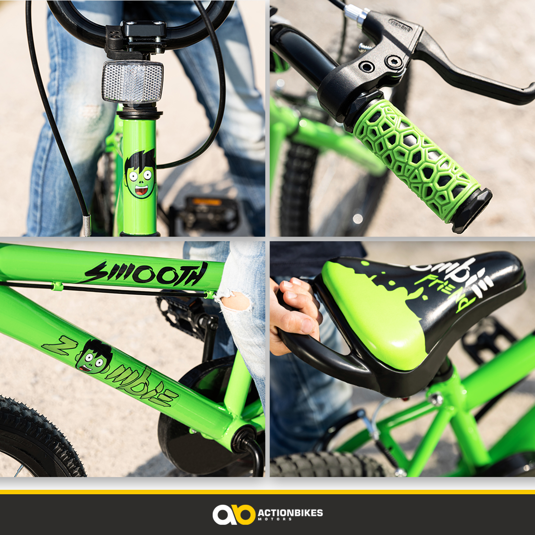 Nahaufnahmen eines grünen Kinderfahrrads. Zeigt Lenker, Griffe, Rahmendetails und Sitz. Actionbikes-Logo.