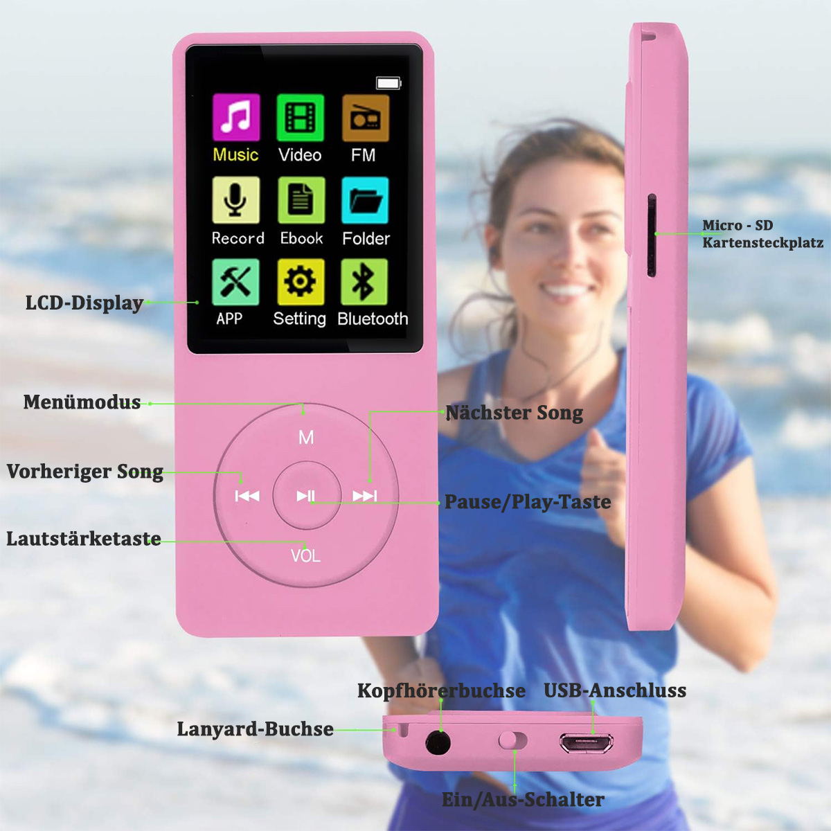 Różowy odtwarzacz MP3 z ekranem wyświetlającym ikony. Kobieta biegnie w tle, ubrana w niebieską koszulę.