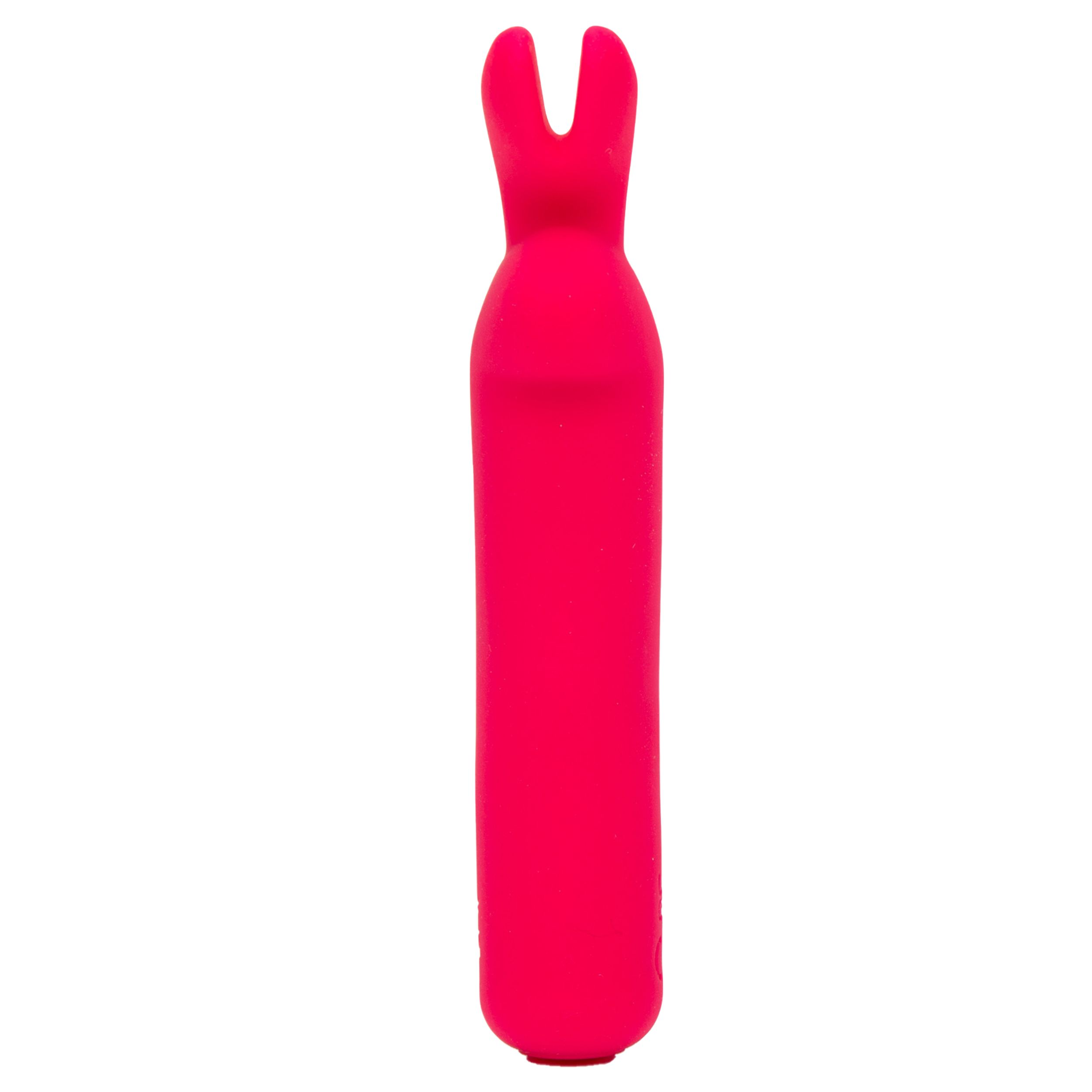Ein leuchtend pinkes Sexspielzeug mit glatter, länglicher Form. Es hat eine spitze Spitze und eine geschwungene Oberseite mit geteiltem Design.