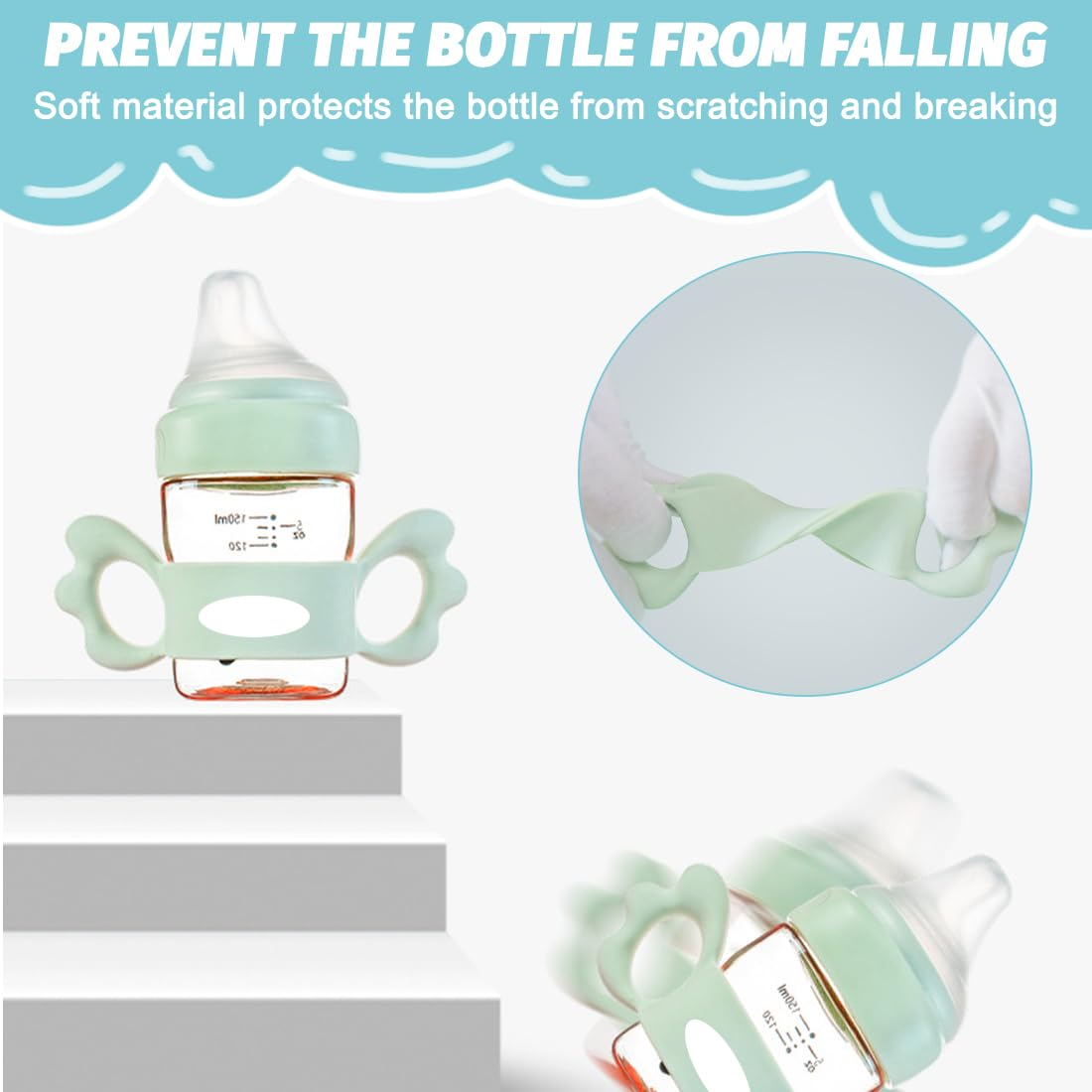 Das Bild zeigt eine Babyflasche in einem hellgrünen Griff, präsentiert auf einer weißen treppenartigen Plattform.