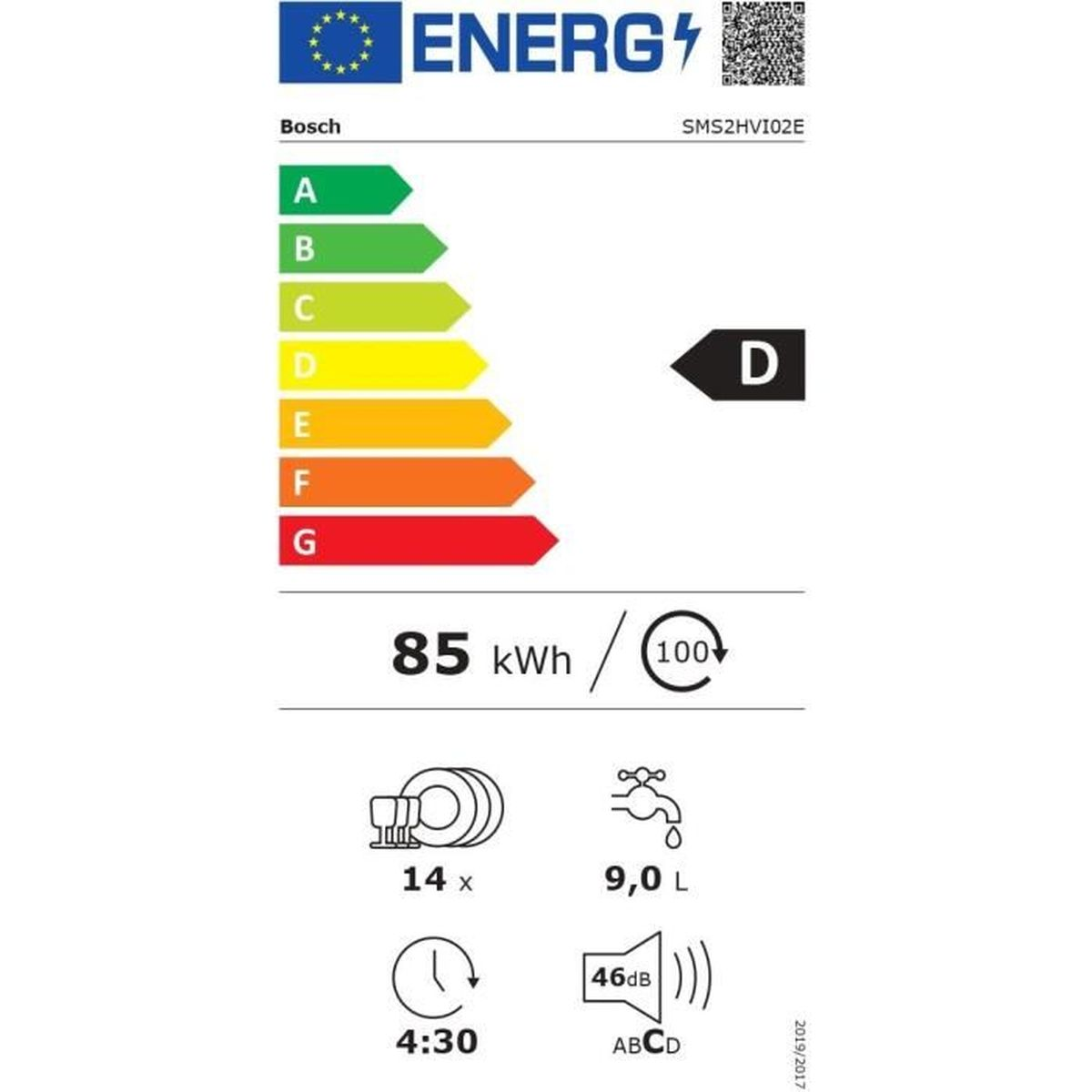 Une étiquette énergétique avec une échelle de A à G indique l'efficacité énergétique de l'appareil, affichée comme classe D.