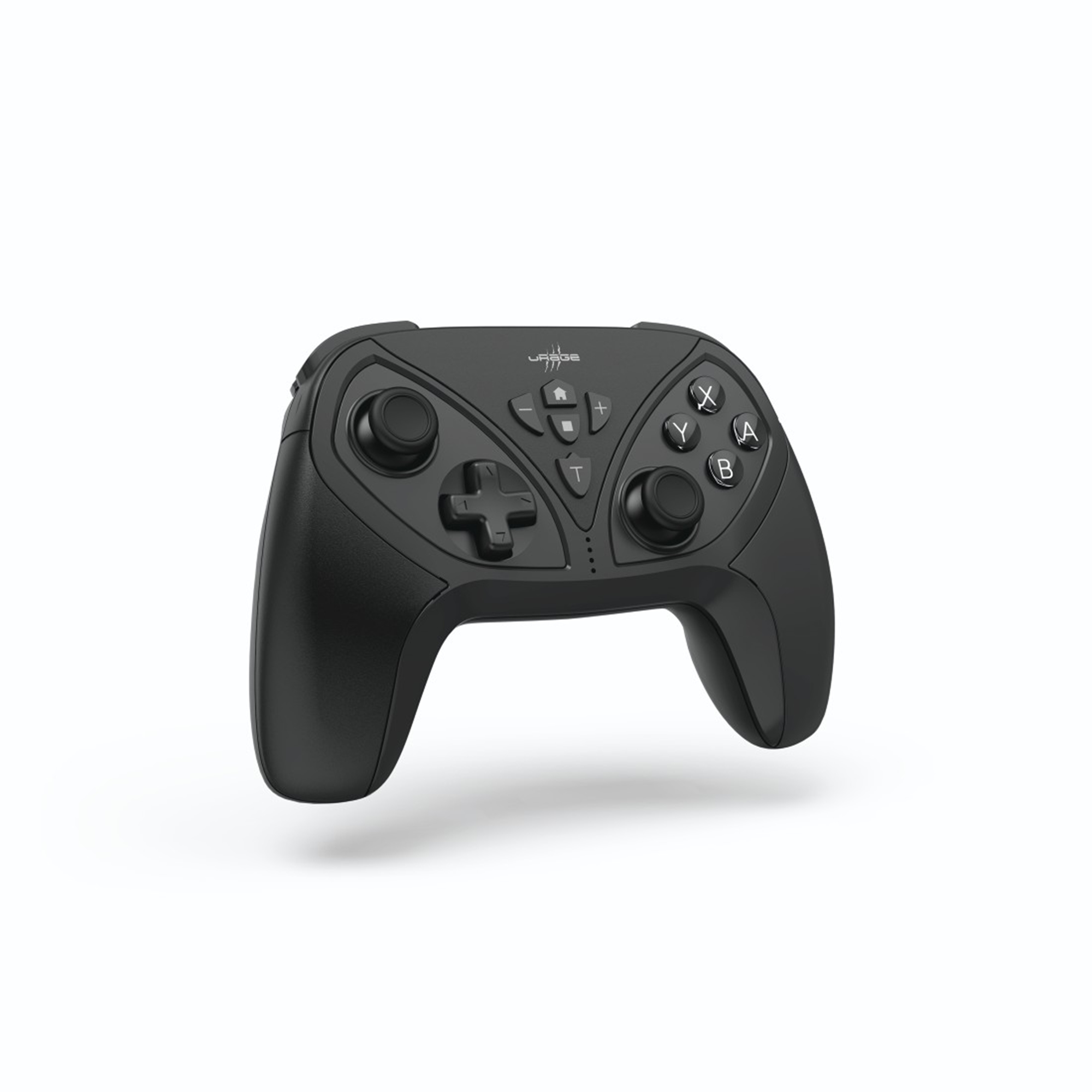 Controller di gioco nero con più pulsanti. Isolato su sfondo bianco.