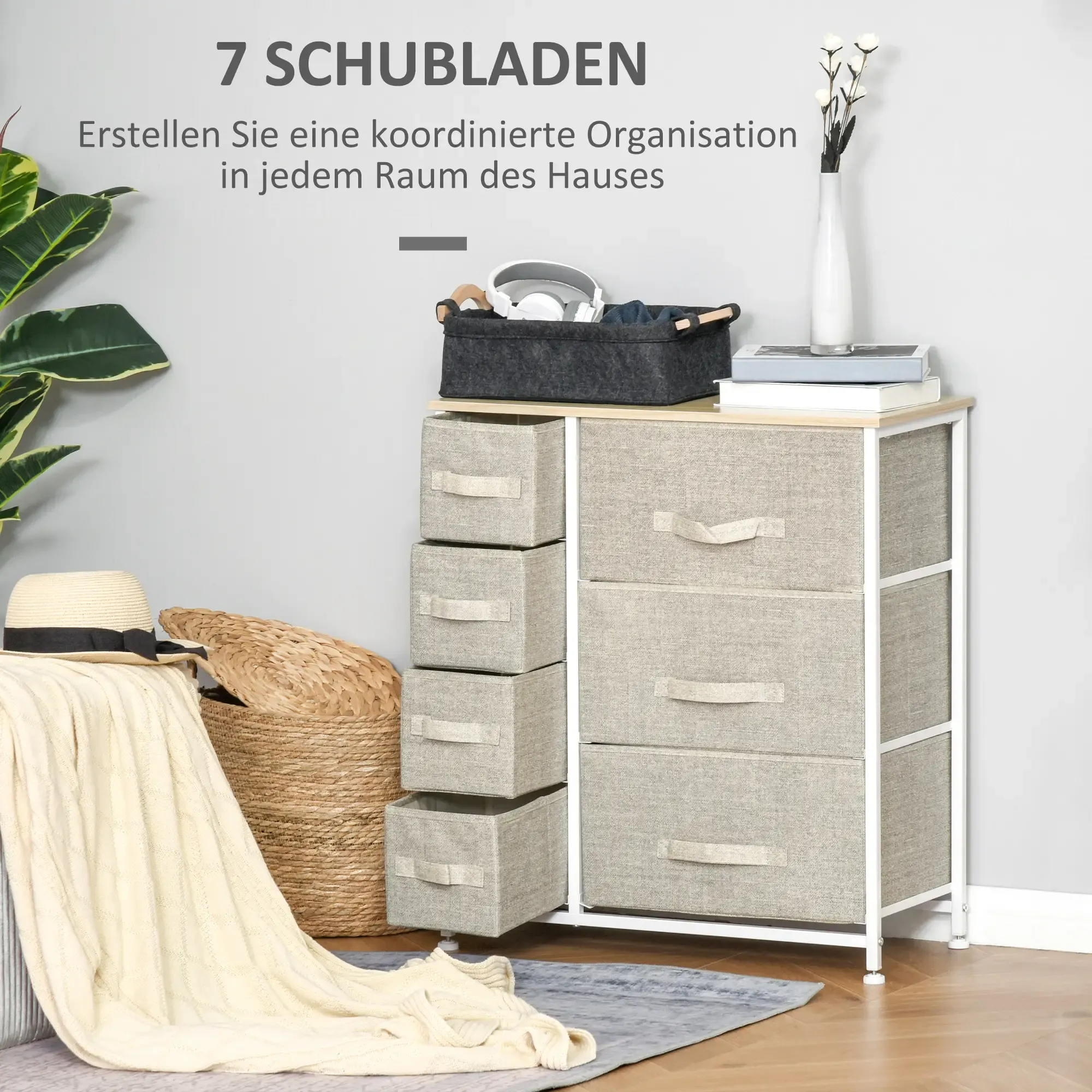 Kommode mit 7 Schubladen und Gegenständen oben drauf. Text: Eine koordinierte Organisation erstellen.
