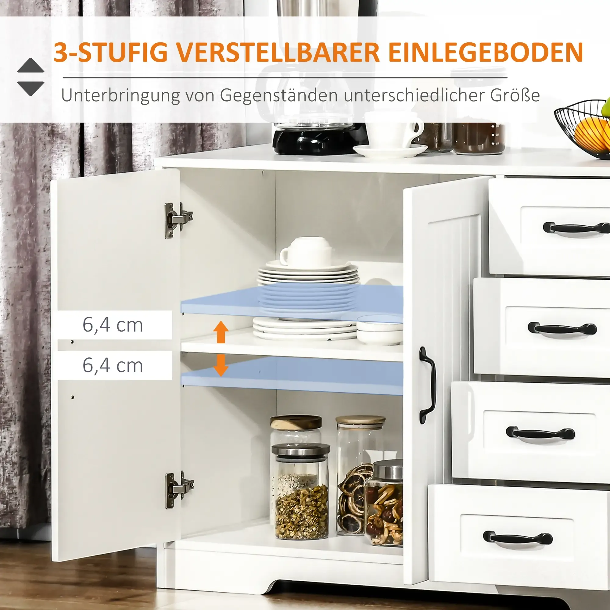 Weißer Schrank mit offenen Regalen und Schubladen. Einstellbares Regal wird angezeigt.