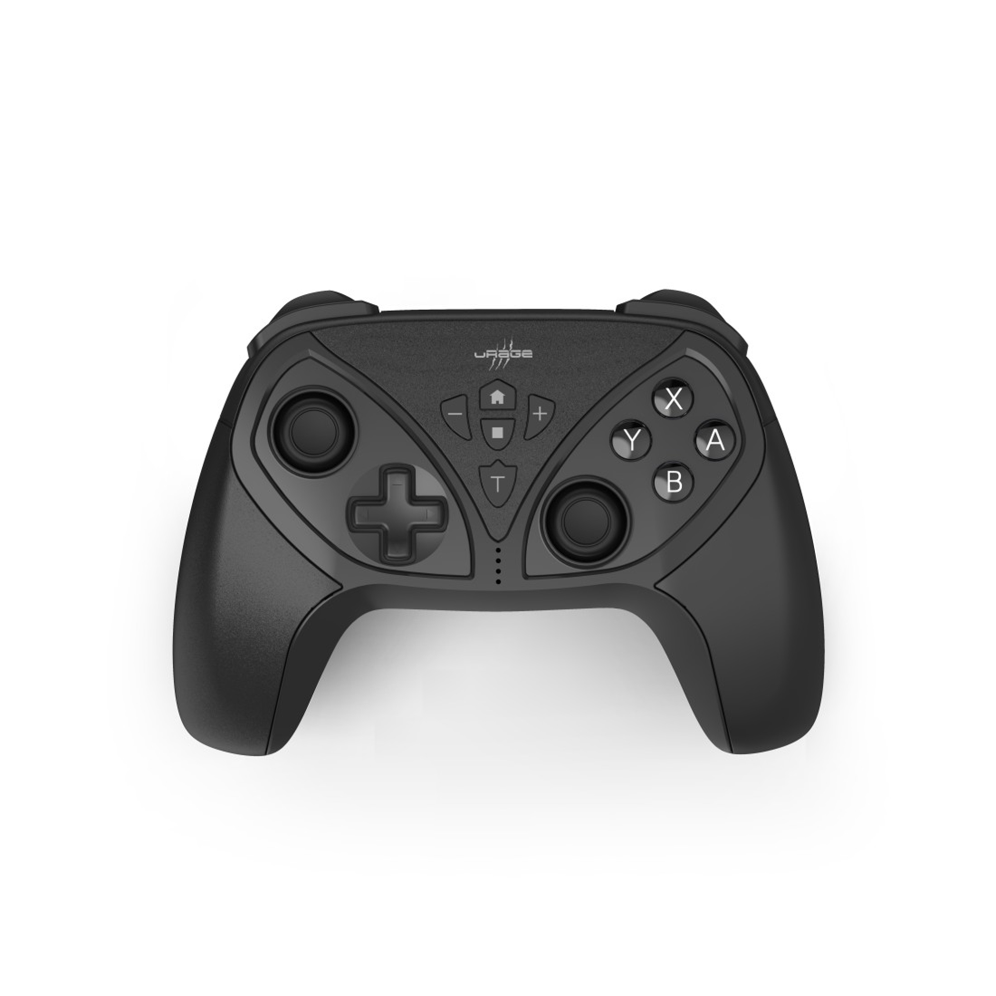 Controller di gioco nero con pulsanti, joystick e un pad direzionale. Il marchio è visibile.