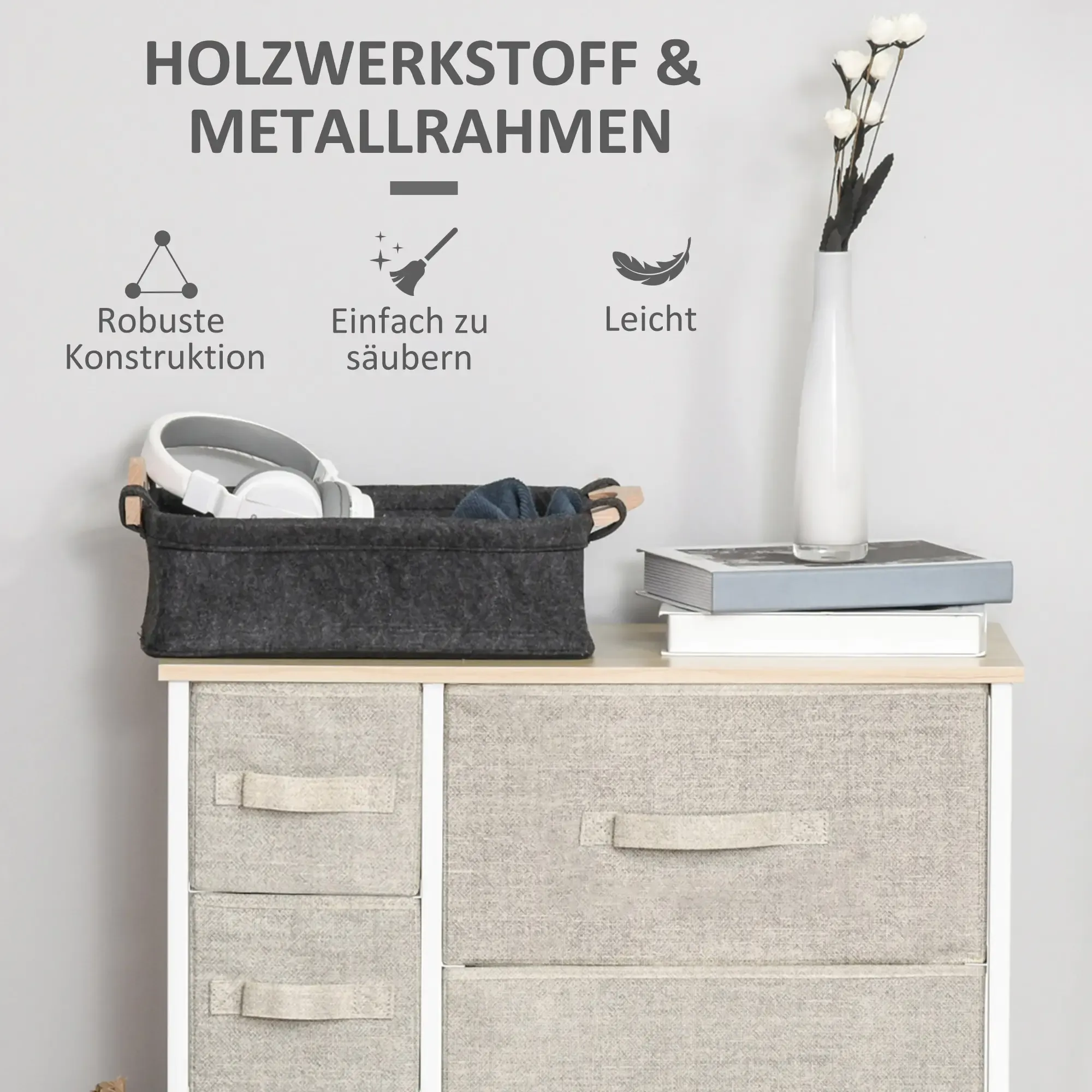 Kommode mit Schubladen und Gegenständen oben drauf. Text: Holzwerkstoff & Metallrahmen.