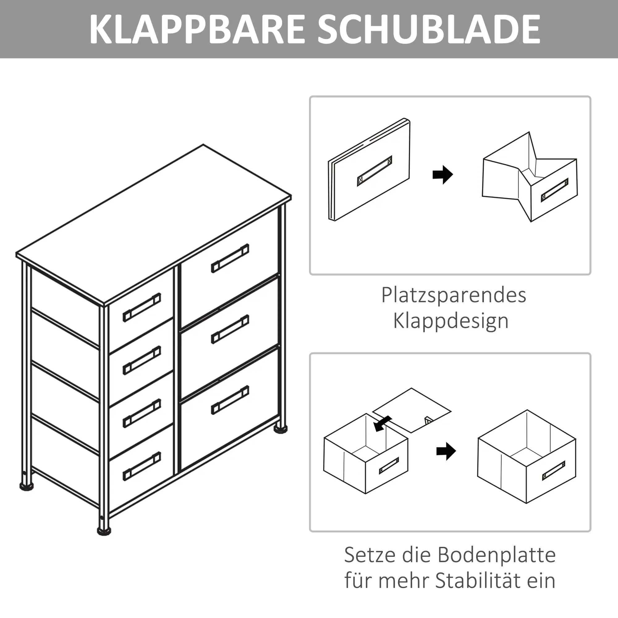 Diagramm einer klappbaren Schublade und einer Kommode mit sechs Schubladen.