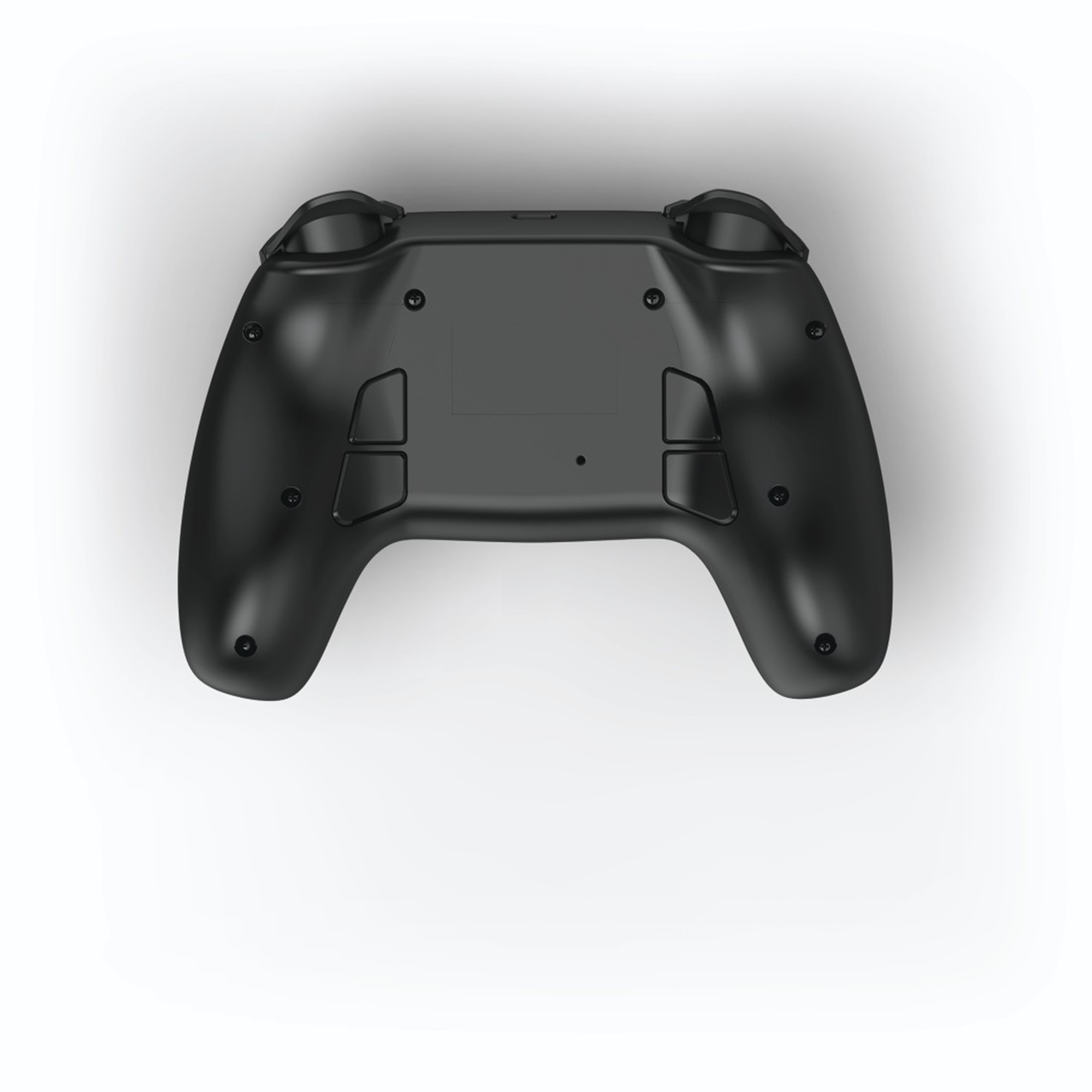 Controller di gioco nero, vista dal basso, che mostra pulsanti e dettagli del design.