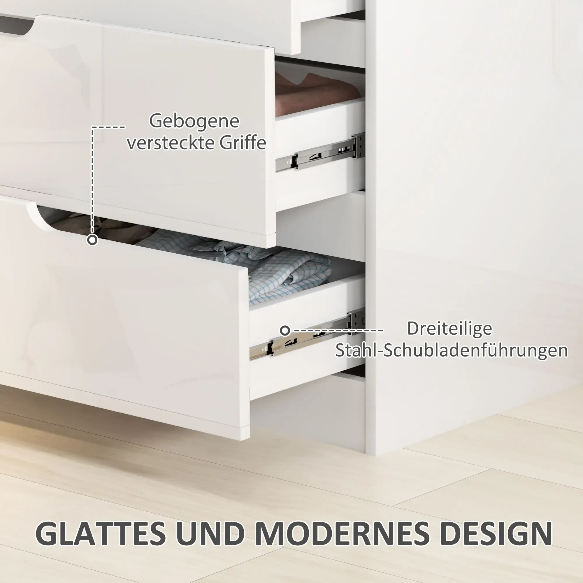 Weiße Kommode mit offenen Schubladen, die den Inhalt und Designdetails zeigen.