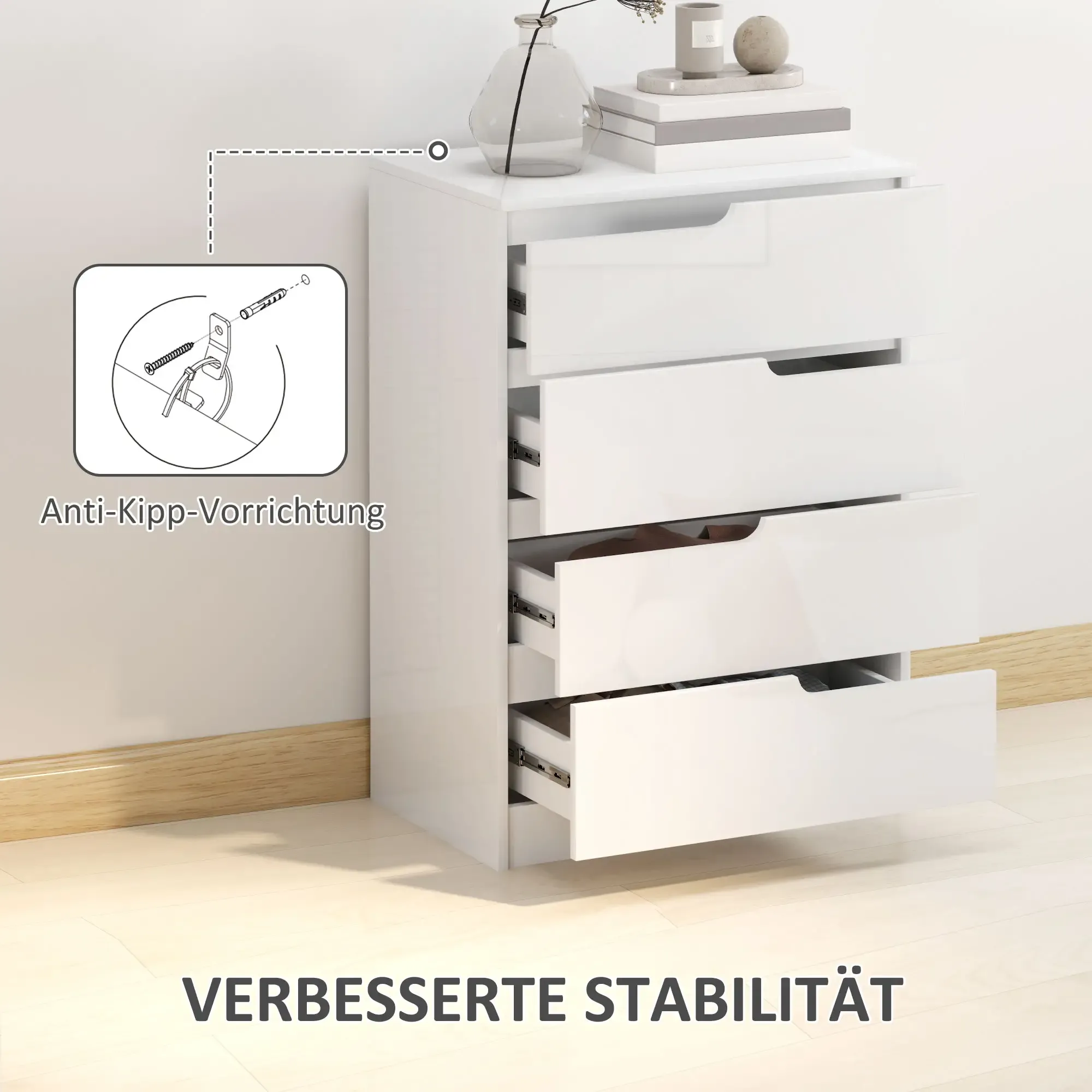 Weiße Kommode mit offenen Schubladen, die eine Kippschutzvorrichtung zeigt.