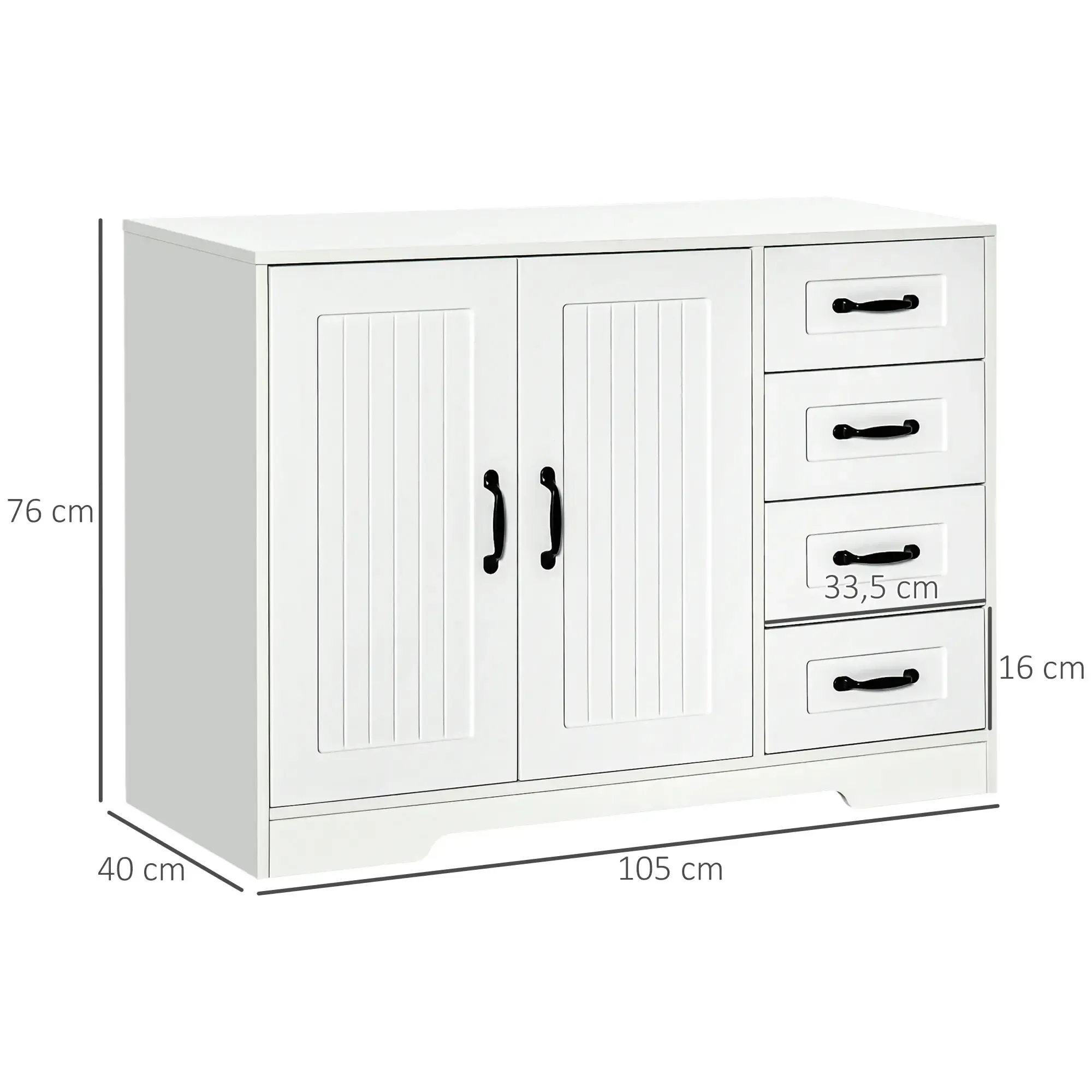 Weißer Schrank mit Türen und Schubladen, Abmessungen in cm.