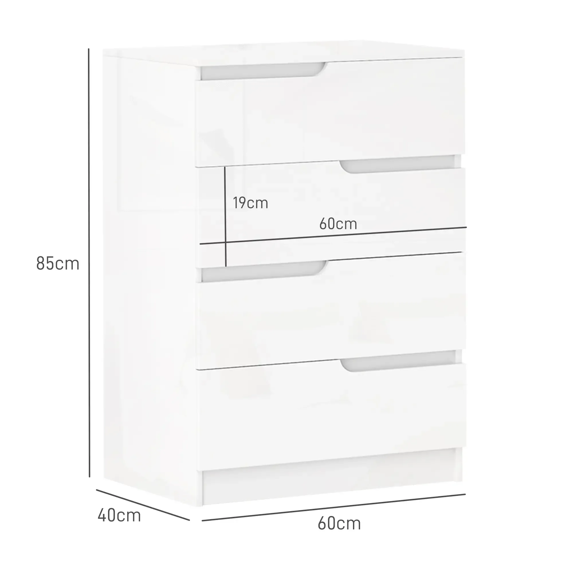 Weiße Kommode mit vier Schubladen. Abmessungen: 85cm Höhe, 60cm Breite, 40cm Tiefe.