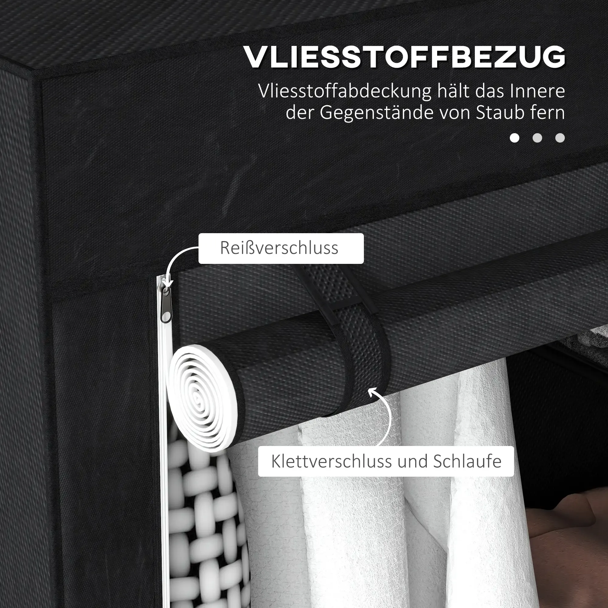 Nahaufnahme eines schwarzen Kleiderschranks mit Reißverschluss, Klettverschluss und Schlaufendetail.