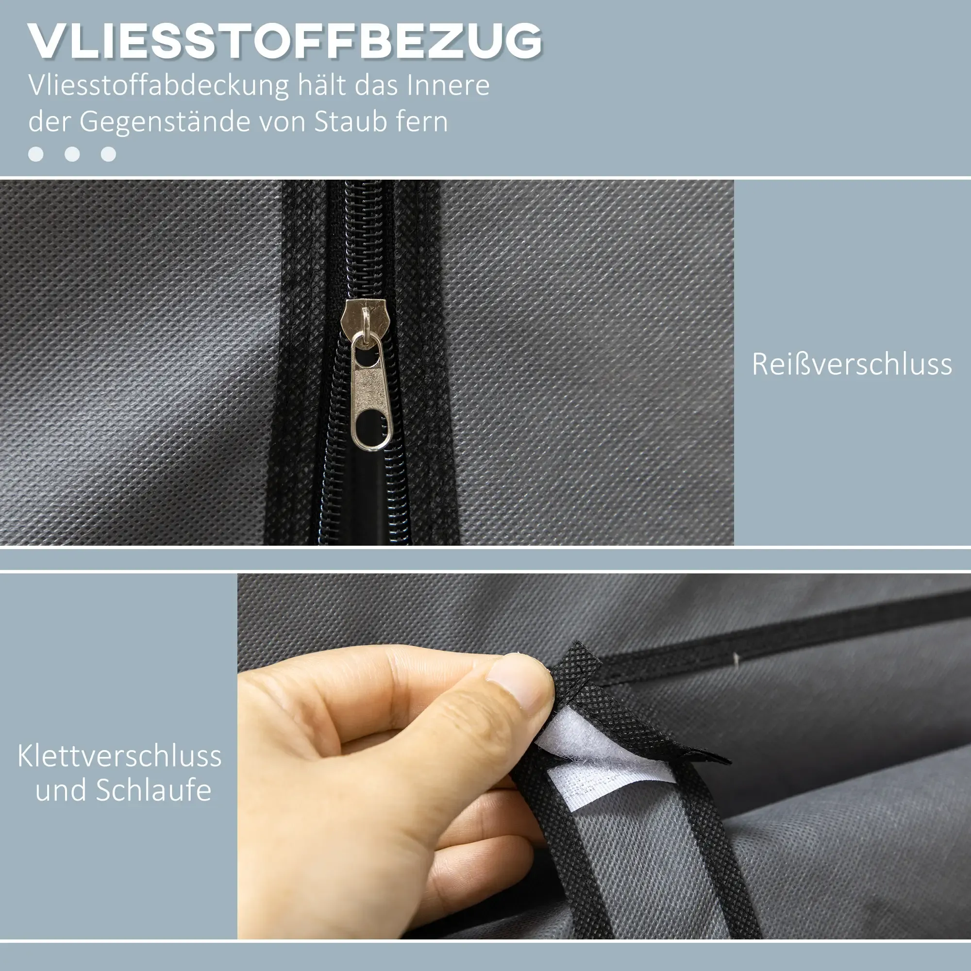 Nahaufnahme eines grauen Stoffes mit Reißverschluss. Außerdem sind ein Klettverschluss und eine Schlaufe zu sehen.
