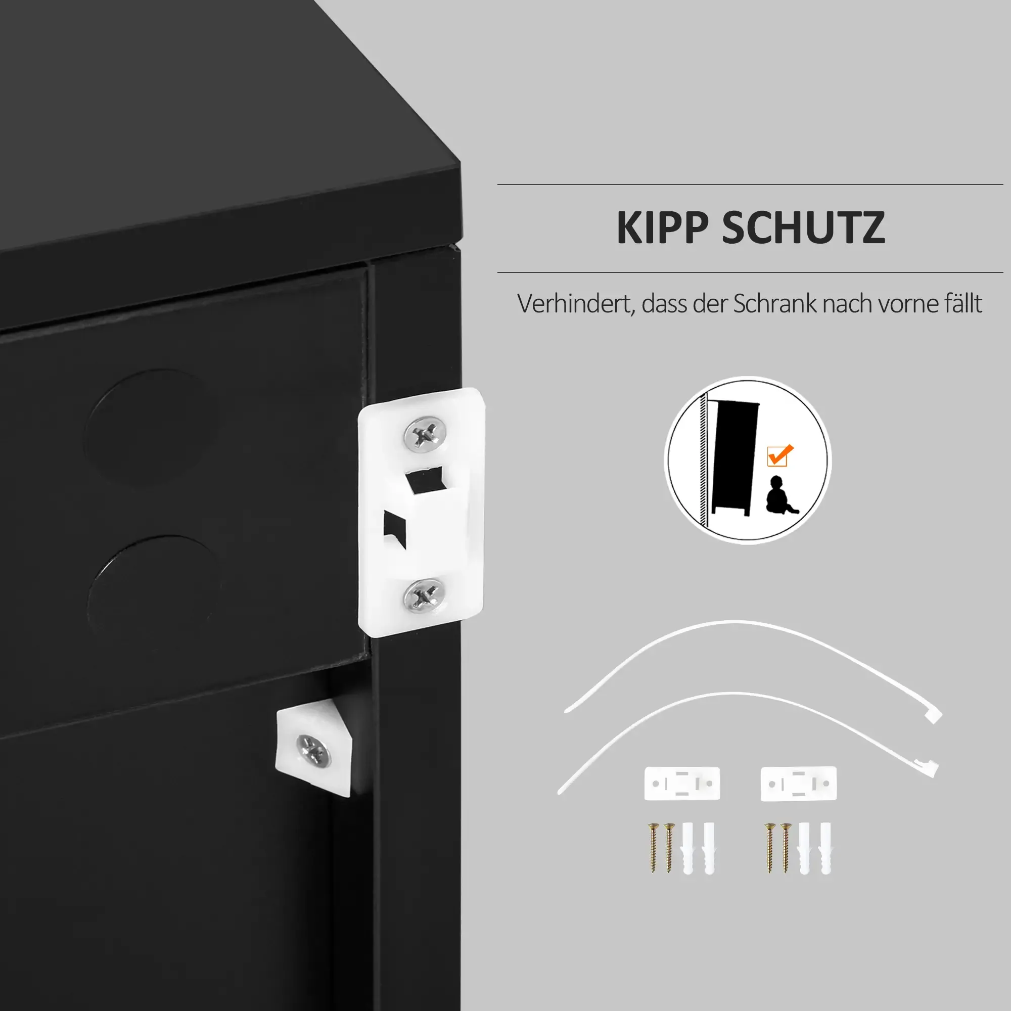 Ein schwarzer Schrank zeigt eine Kippschutzfunktion mit mitgelieferter Hardware für eine sichere Wandmontage.
