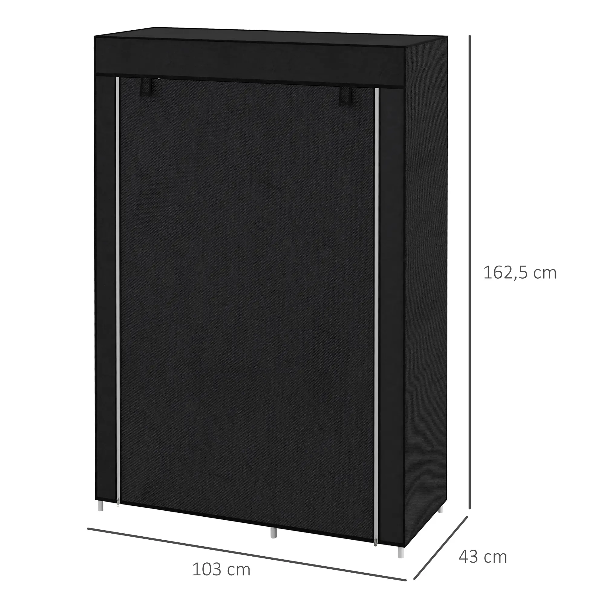 Ein schwarzer Kleiderschrank mit angegebenen Abmessungen. Er ist 103 cm breit, 43 cm tief und 162,5 cm hoch, mit schwarzem Deckel.
