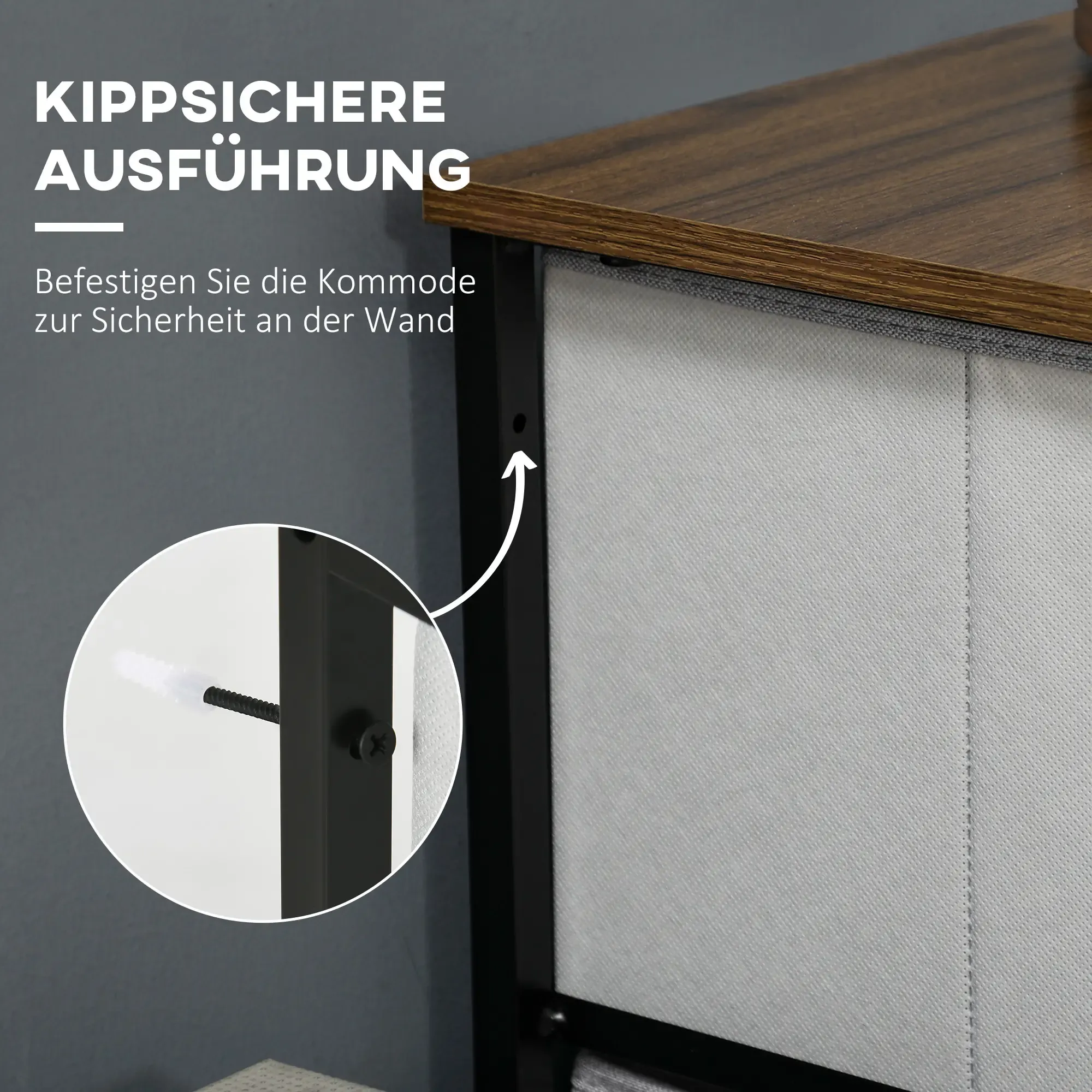 Nahaufnahme einer Schrankecke und einer eingeschraubten Schraube. Ein Kreisdiagramm zeigt die richtige und falsche Platzierung.