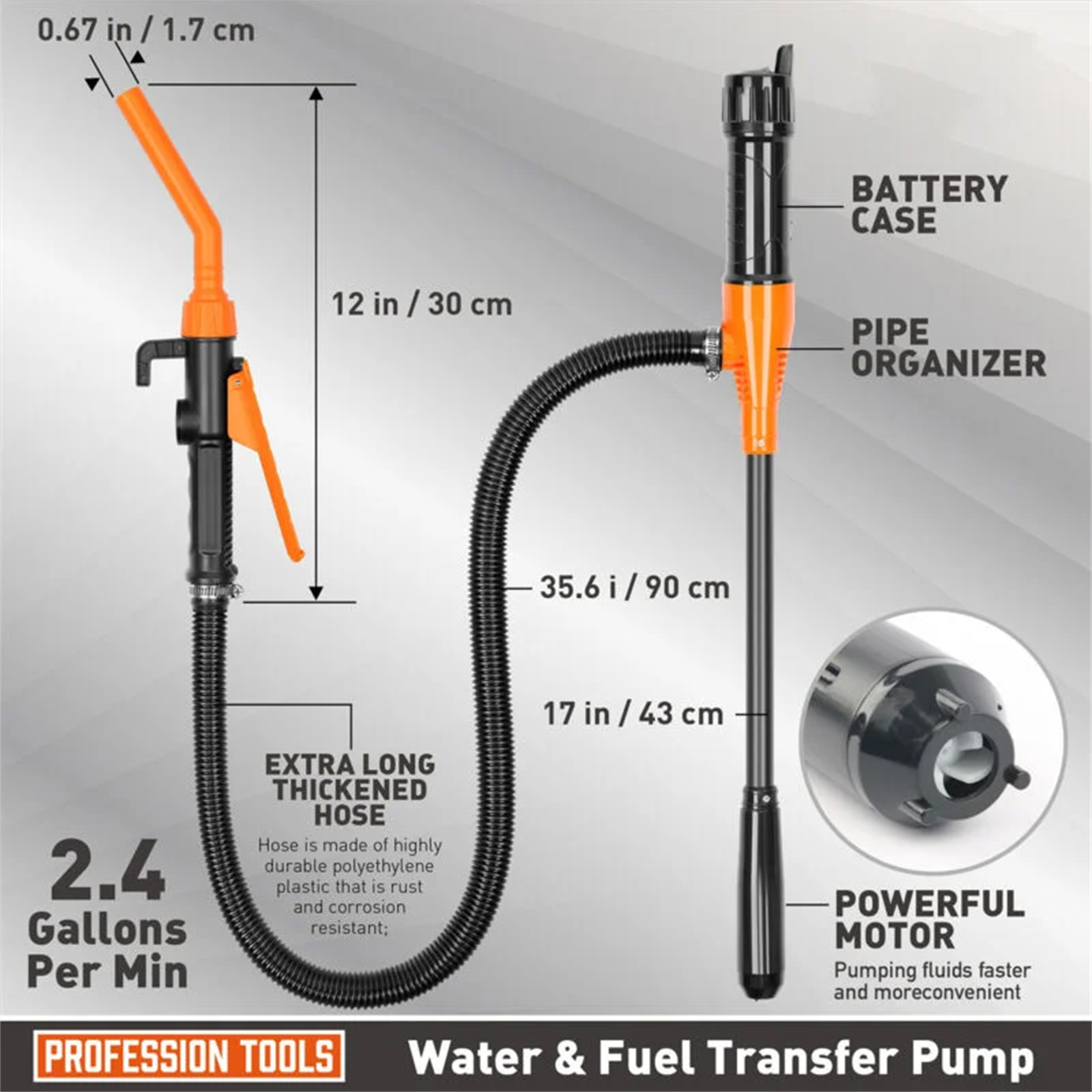 Eine Wasser- und Kraftstofftransferpumpe mit orangefarbenem und schwarzem Design. Abmessungen und Durchflussrate sind ebenfalls angegeben.