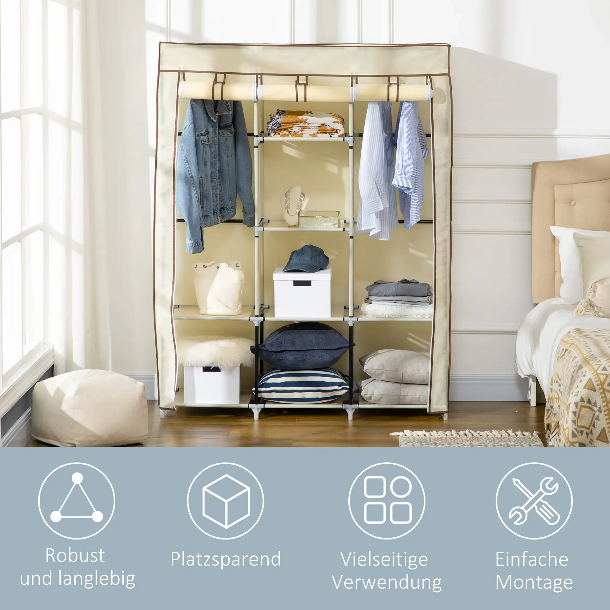 Ein beiger Kleiderschrank mit Kleidung und Accessoires im Inneren. Es hat eine beige Stoffabdeckung und eine Vier-Icon-Leiste darunter.