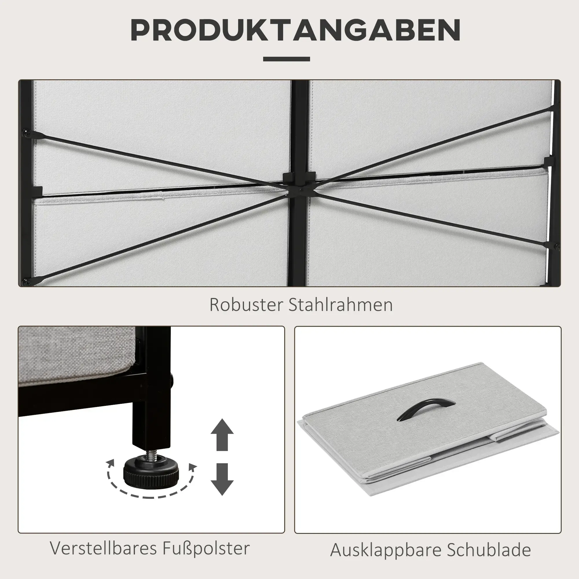 Details eines Schrankrahmens. Das Bild zeigt einen Rahmen, verstellbare Füße und eine faltbare Schublade.