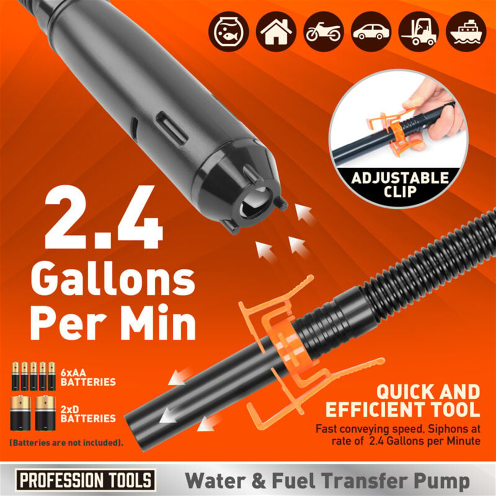 Eine Wasser- und Kraftstofftransferpumpe mit schwarzem und orangefarbenem Design. Die Pumpe befindet sich neben einem Akku.