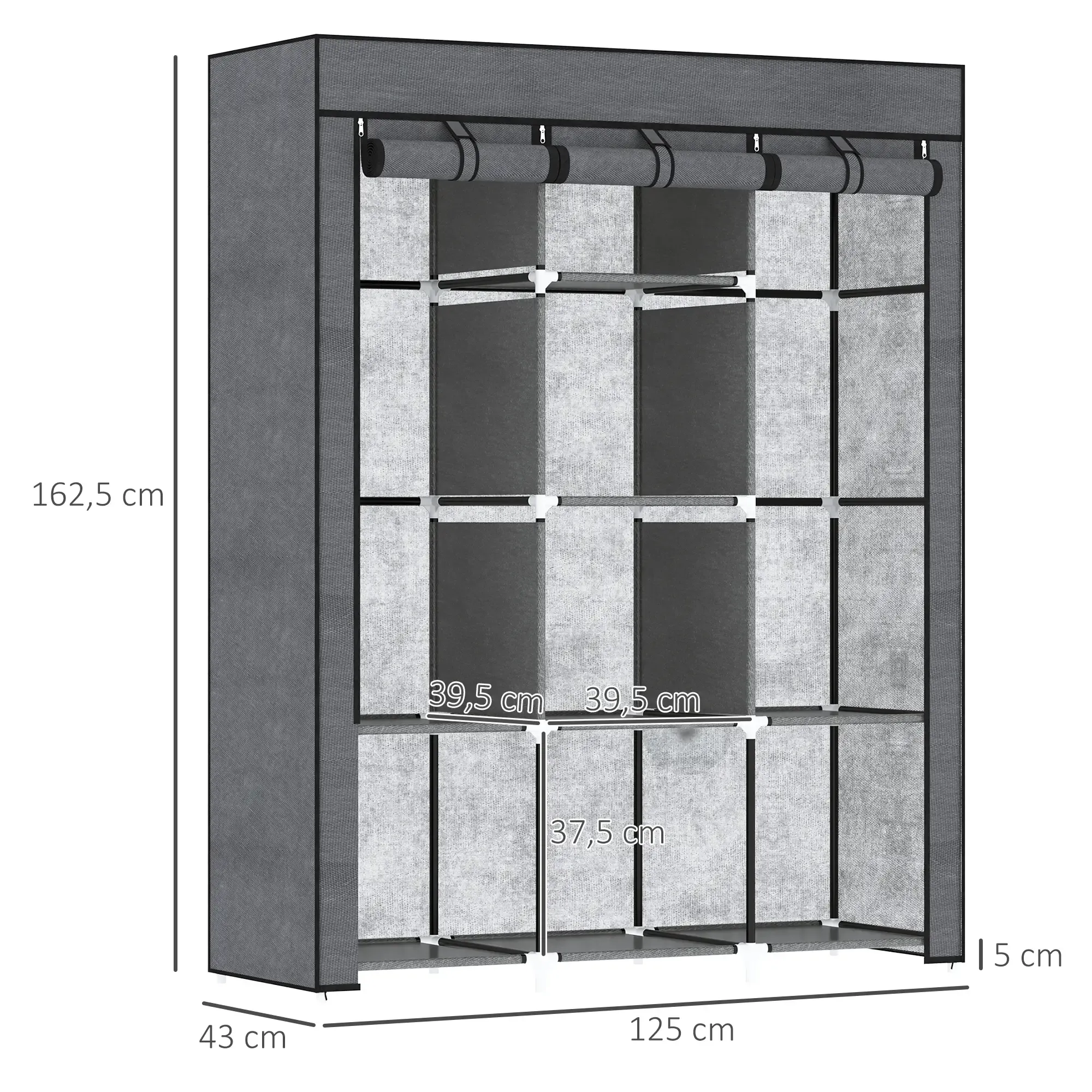 Ein grauer Kleiderschrank mit mehreren Regalen. Die Abmessungen sind 125 cm breit, 43 cm tief und 162,5 cm hoch.