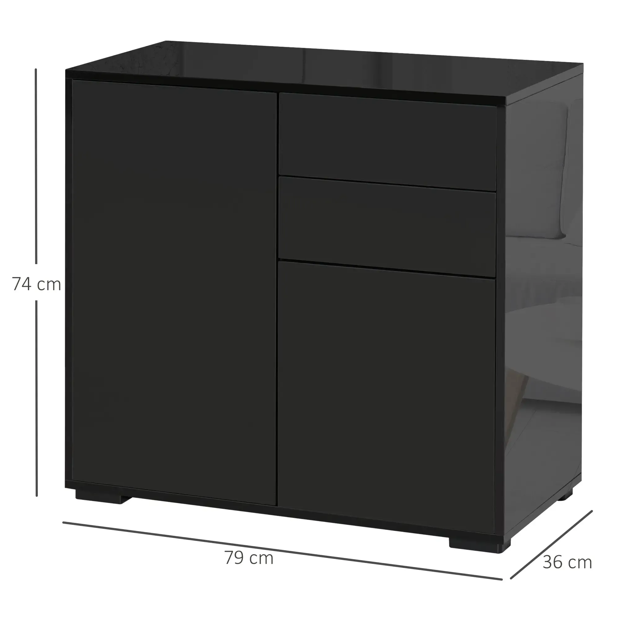Ein schwarzer Schrank mit zwei Türen und zwei Schubladen. Abmessungen sind in cm angegeben. Es ist ein glänzendes Finish.
