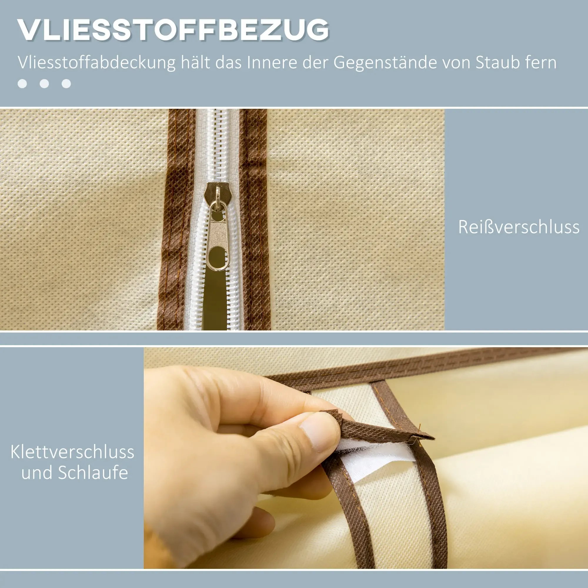 Beiger Stoffaufbewahrungsbezug mit Reißverschluss und Klettverschluss. Textbeschriftungen auf Deutsch vorhanden.