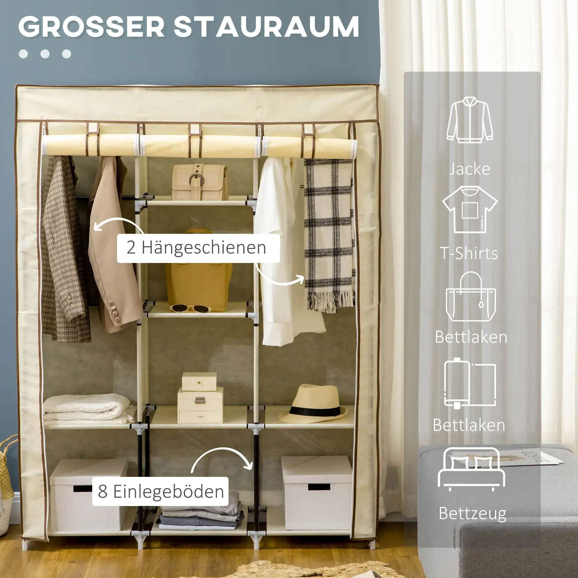Beige Kleiderschrank mit Kleidung zum Aufhängen. Enthält Regale mit Boxen, Accessoires und einem grauen Hocker.
