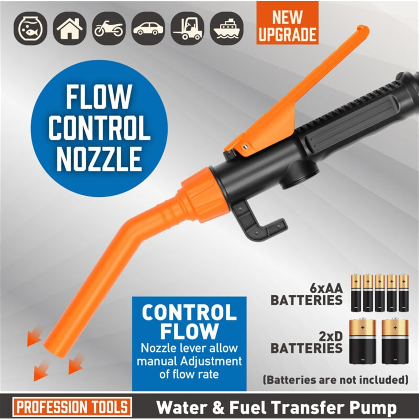 Orange und schwarze Wasser- und Kraftstofftransferpumpe mit Pfeilen, Text und Batterieillustrationen.
