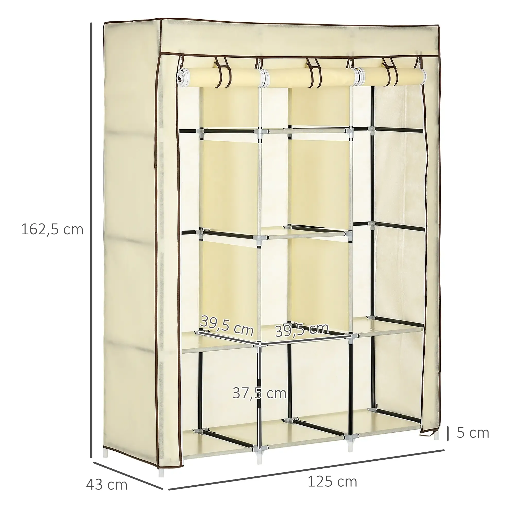 Beiger Stoffschrank mit Maßangaben. Er hat Regale und eine beige Abdeckung.