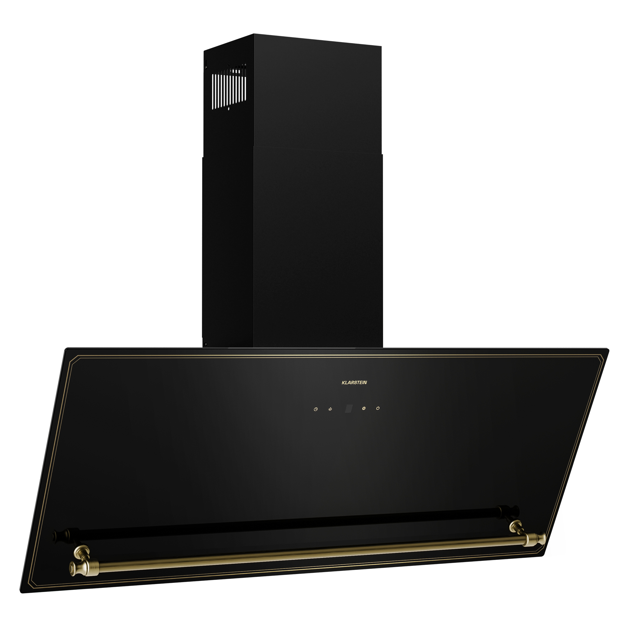 Schwarze und goldene Dunstabzugshaube mit modernem Design. Verfügt über eine elegante schwarze Blende und goldene Akzente.
