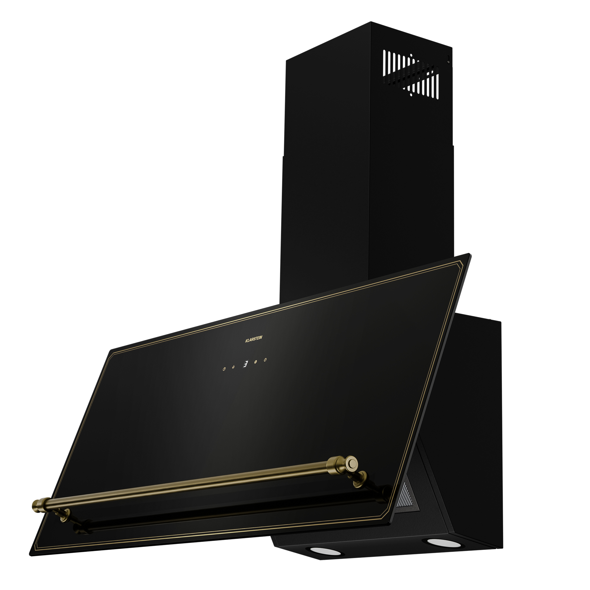 Schwarze und goldene Dunstabzugshaube, schräge Ansicht, mit modernem Design. Schwarzes Panel und goldene Akzente sind gezeigt.