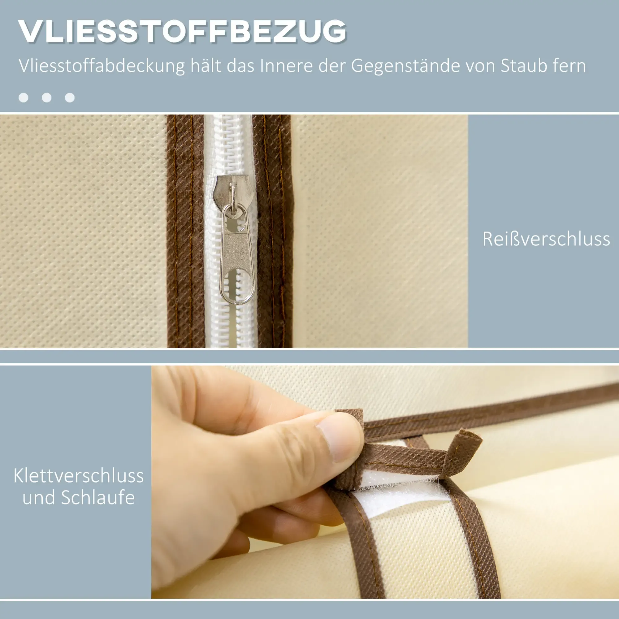 Reißverschluss- und Klettverschlussdetails an einem beigen Kleiderschrank. Nahaufnahme der Schließmechanismen.