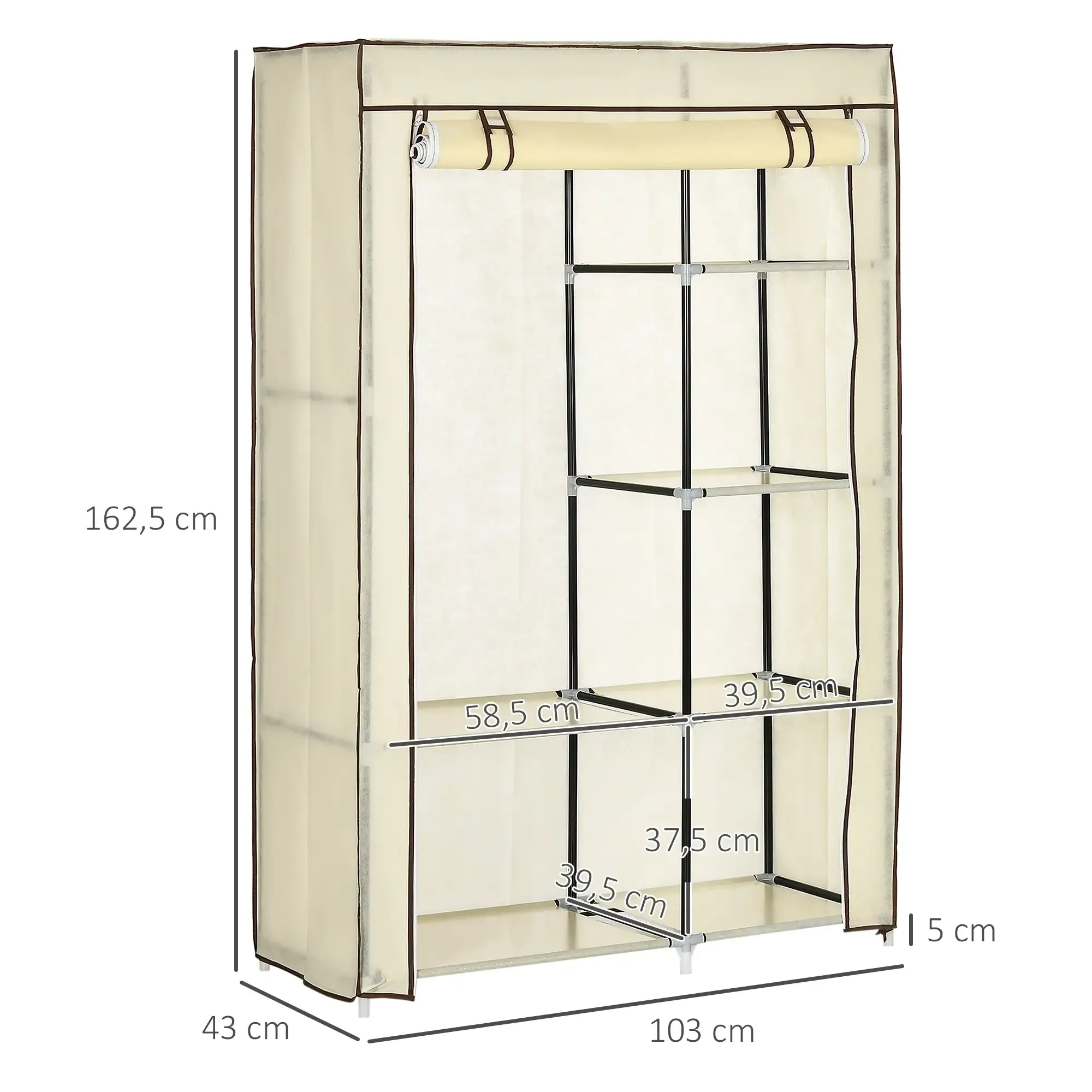 Beigefarbener Stoffschrank mit Regalen. Abmessungen werden angezeigt. Der Schrank ist offen. Es hat eine beige Abdeckung und dunkelbraune Ränder.