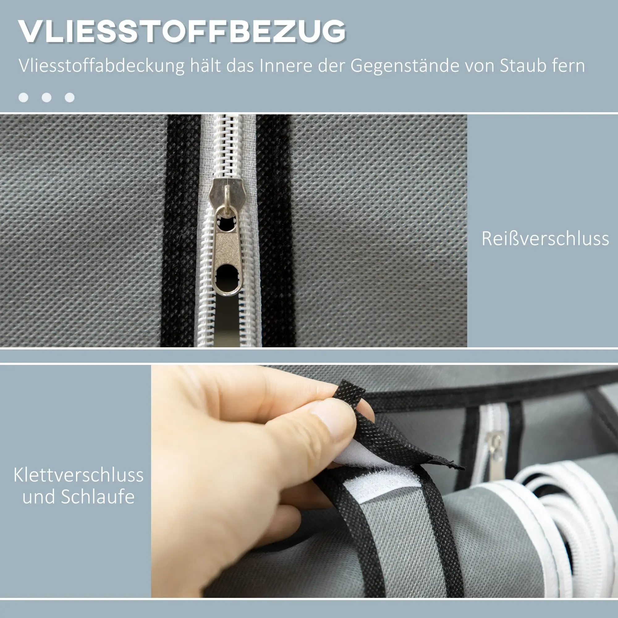 Nahaufnahme von Reißverschluss und Klettverschluss an einem grauen Stoffschrank.