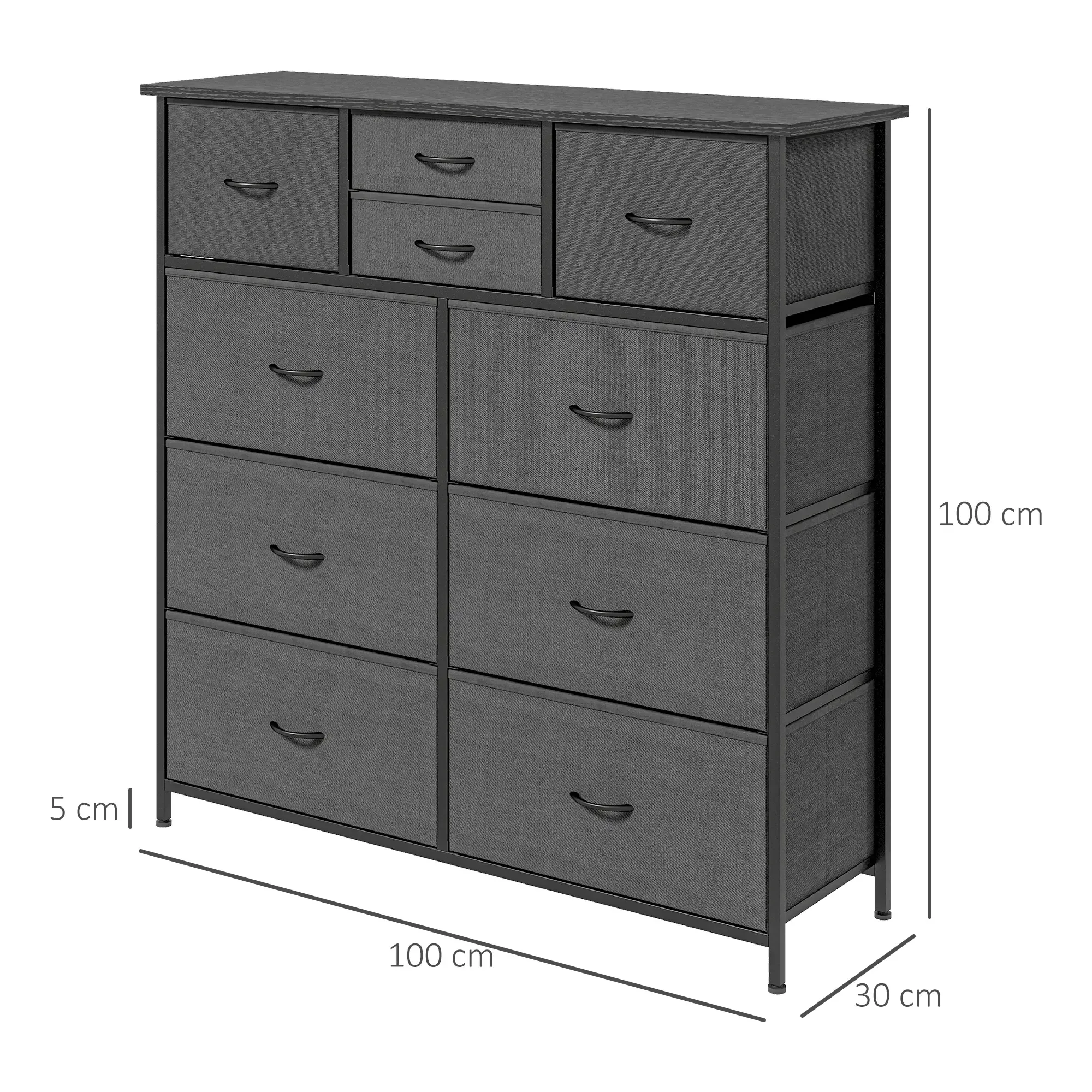 Eine graue Kommode mit zehn Schubladen und schwarzem Rahmen. Maße: 100 cm breit, 100 cm hoch, 30 cm tief.