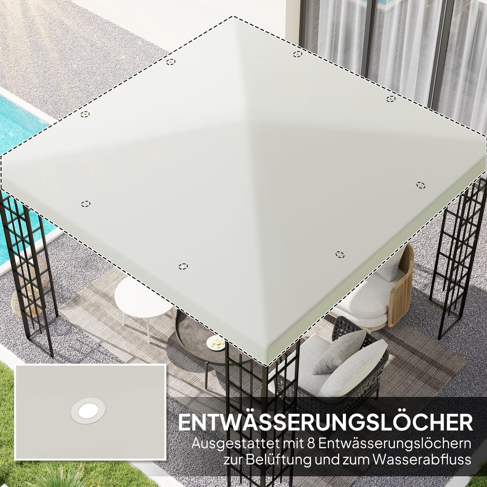 Ein Gartenpavillon mit weißem Dach und detaillierter Ansicht der Dachabflusslöcher.