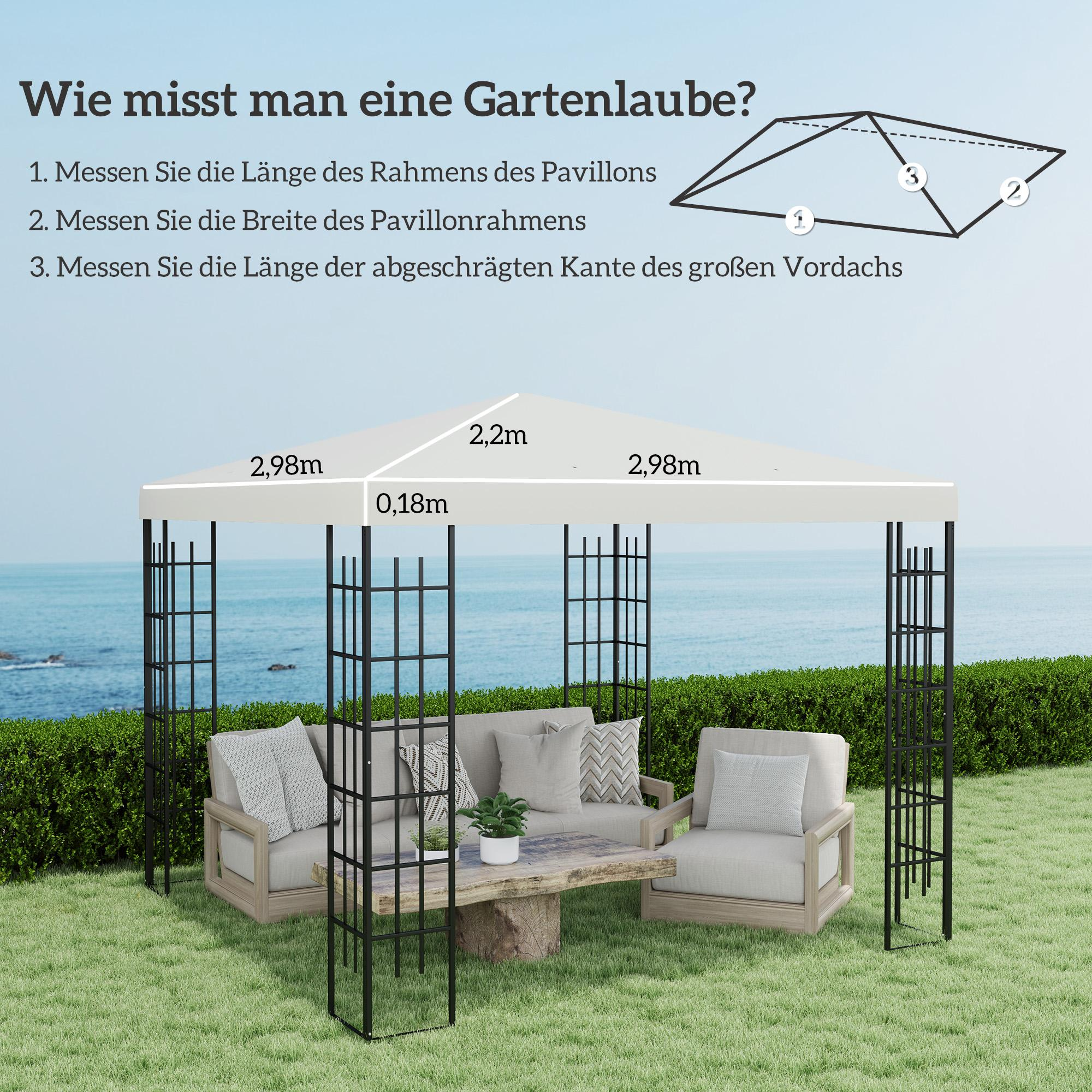 Ein Gartenpavillon mit beschrifteten Maßen. Zeigt die Länge und Breite des Pavillons.