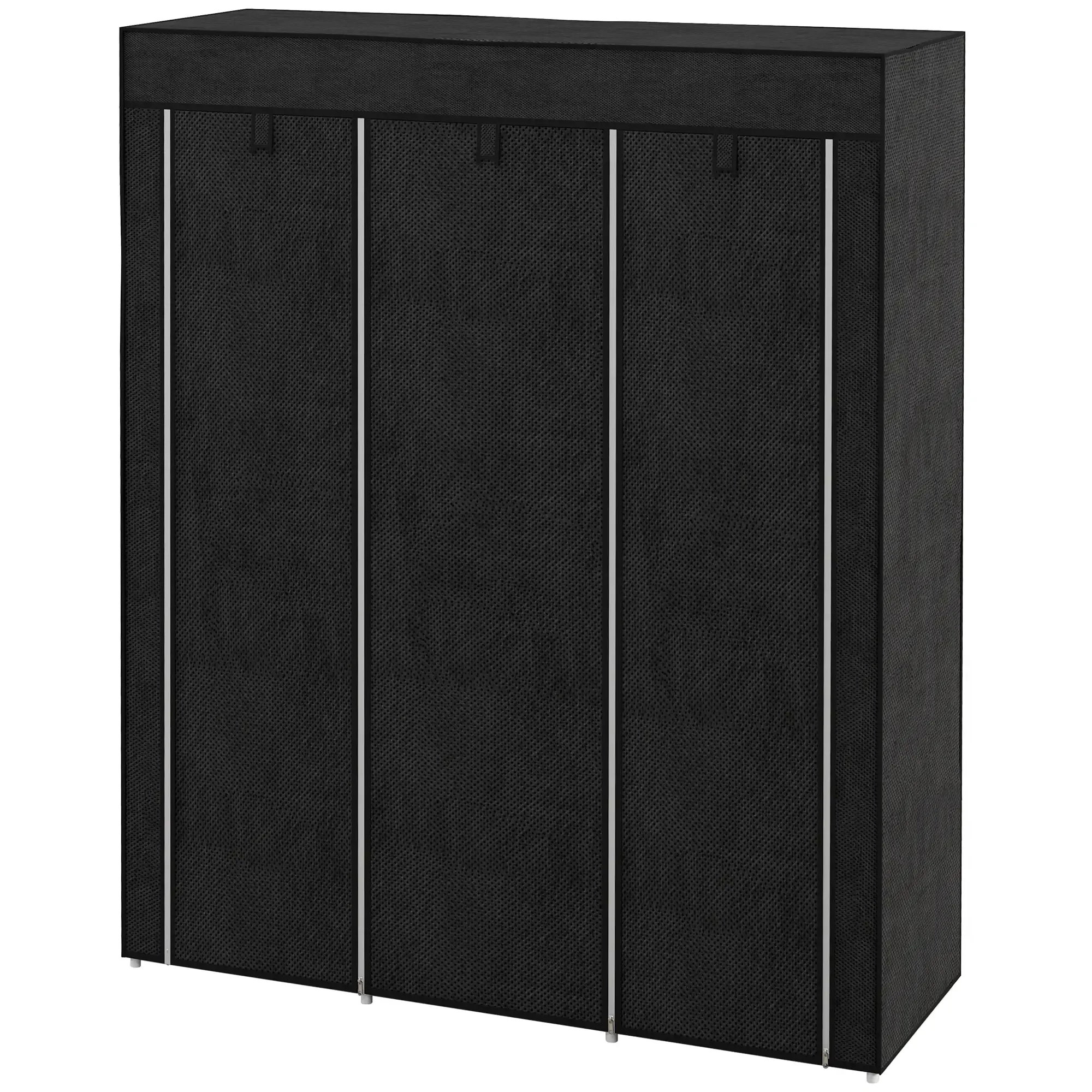 Ein schwarzer Kleiderschrank mit silbernen Akzenten, mit Stoffbezug und Reißverschluss.