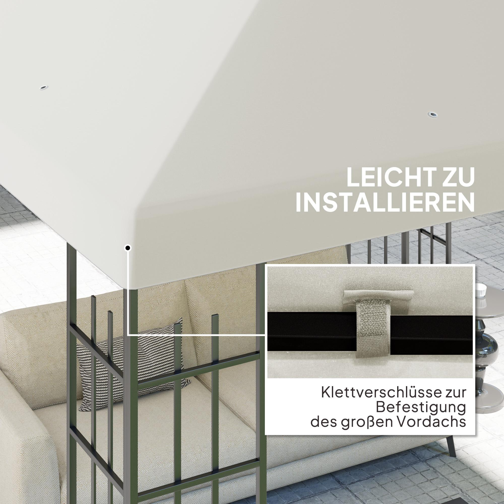 Die Klettbefestigung eines weißen Baldachins ist zu sehen, mit sichtbarem Rahmen und Möbeldetails.