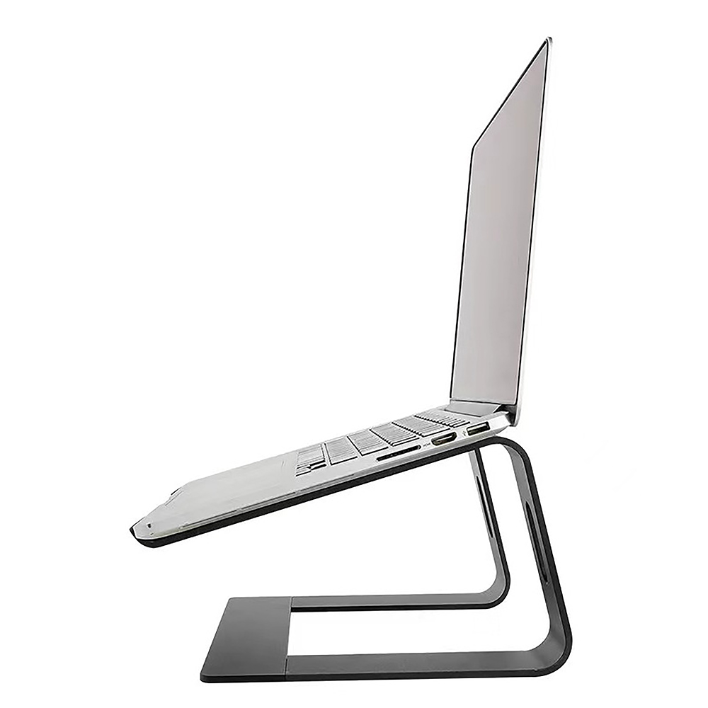 Schwarzer Laptopständer mit einem Laptop darauf. Der Laptop ist geöffnet und der Bildschirm ist sichtbar.